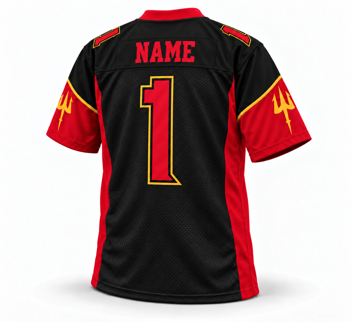2001 San Francisco Demons Remix jersey black back number 1 mockup, pending Photoshop retouch; not assigned to a variant.