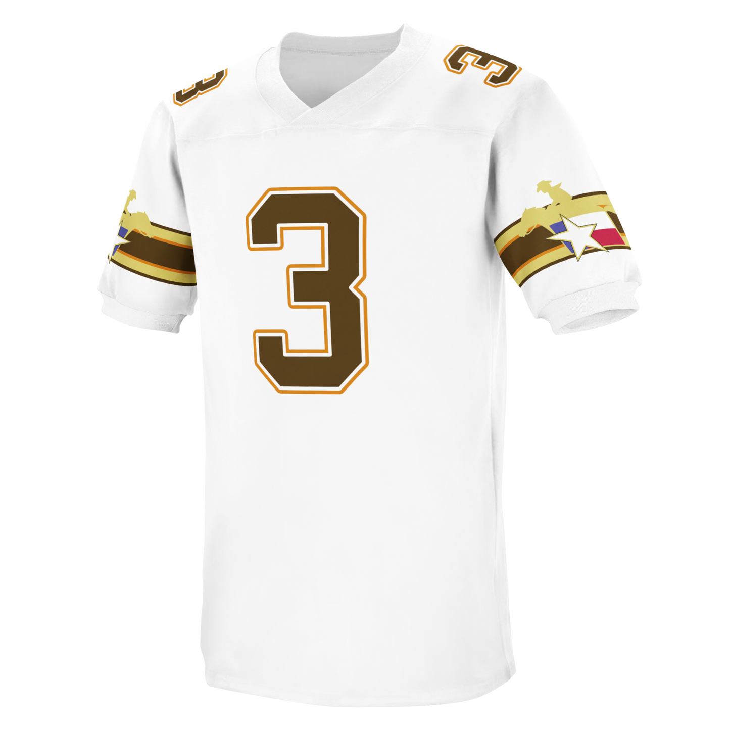 San Antonio Riders Jersey brown, gold, red, large brown, red, gold, brown, bands at mid-sleeve. Rider logo over bands which is a golden horse rider above Texas flag. #3 in brown with red trim large on chest, small on shoulders. Royal Retros