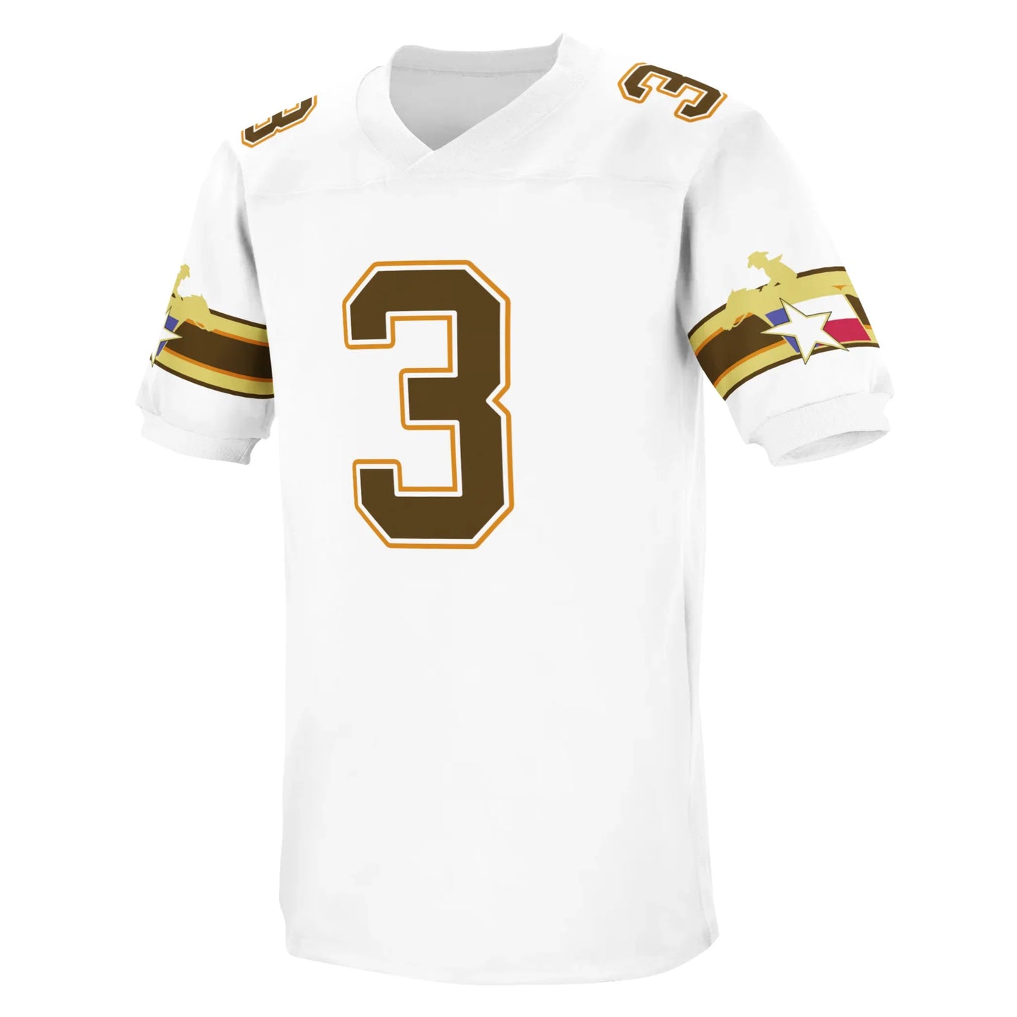 San Antonio Riders Jersey brown, gold, red, large brown, red, gold, brown, bands at mid-sleeve. Rider logo over bands which is a golden horse rider above Texas flag. #3 in brown with red trim large on chest, small on shoulders. Royal Retros