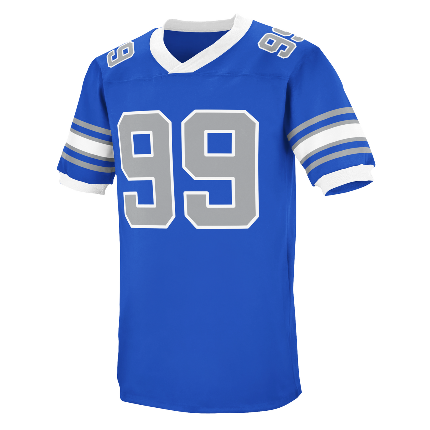 San Antonio Wings WFL Jersey blue with silver #99 trimmed in white large on chest, small o shoulders. Silver, blue, silver, white, silver, blue, silver, blue, sliver, white stripes on sleeves. Royal Retros