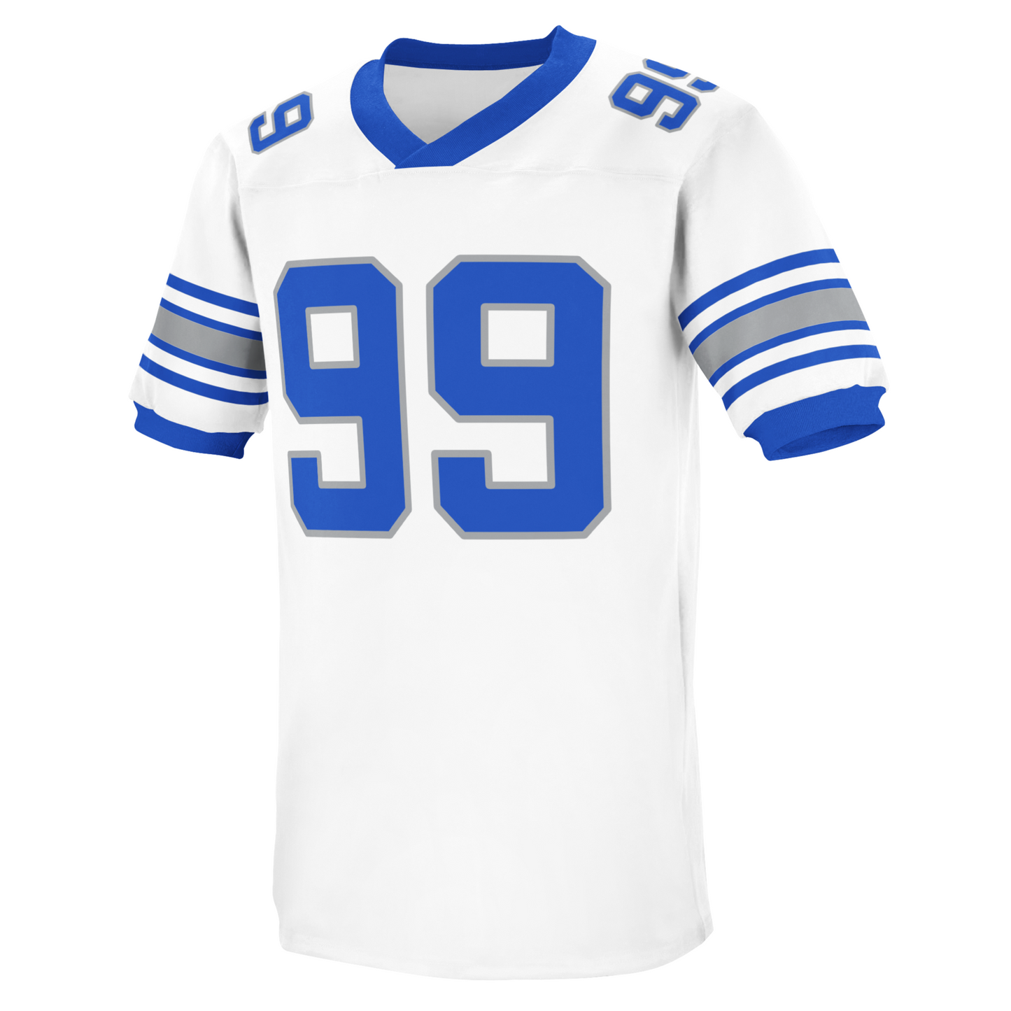 San Antonio Wings WFL jersey white with blue numbers trimmed in silver #99 large on chest small on shoulders. Blue, white, blue, sliver, blue, white, blue, white, blue on sleeves. Royal Retros