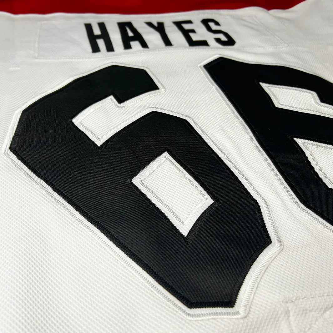 San Francisco Spiders Jersey white back close-up #66 in black and "Hayes" in black Royal Retros
