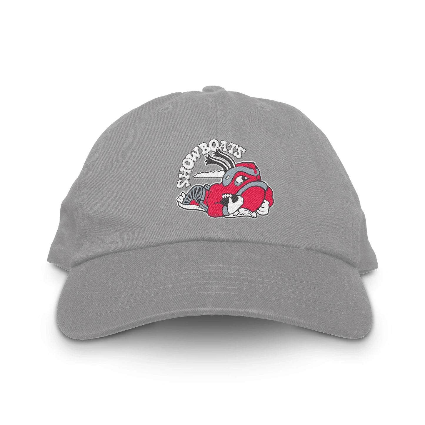 Memphis Showboats dad hat gray. SHOWBOATS arched to left in white. Anthropomorphic red steamboat. frowning, with black and silver detail. holding football on right hand. Royal Retros