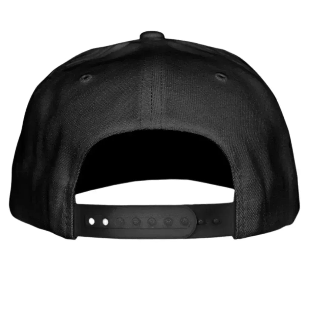 New York Black Yankees blackout snapback hat, back view showing the plastic adjustable snap closure