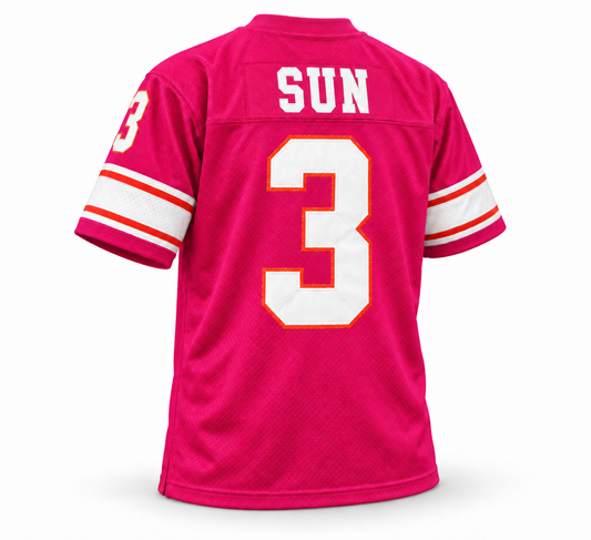 Southern California Sun WFL jersey, magenta with white SUN name and white number 3 with orange trim, back view