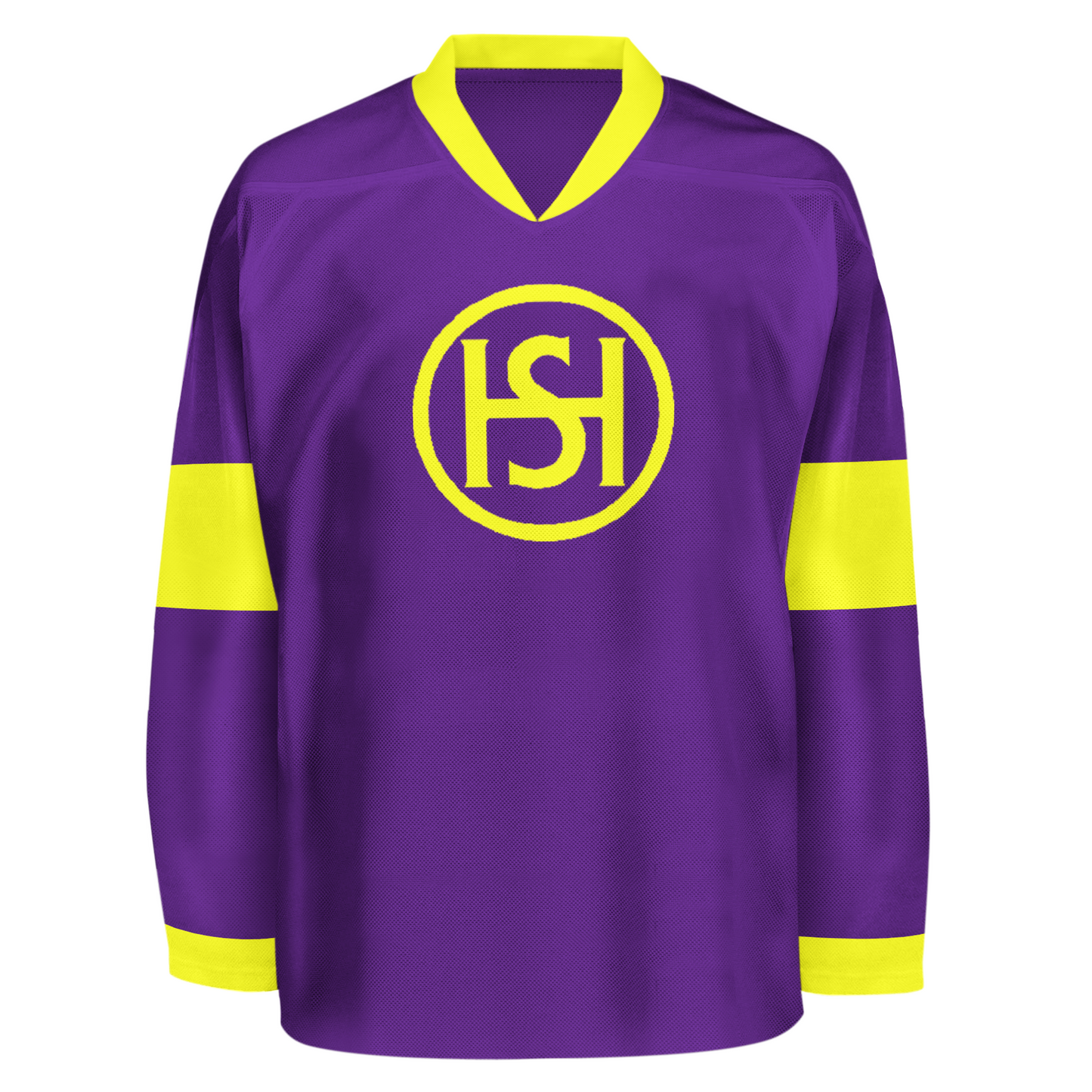 Spokane Canaries hockey jersey. Purple. Yellow collar. Yellow bands mid-sleeve and at sleeve ends. Yellow circle large on chest with interlocking H and S. Royal Retros.