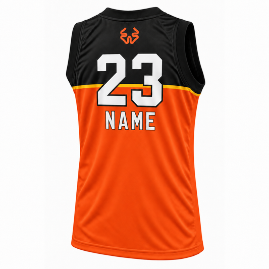 Stefanel Trieste jersey back, orange top emblem, white number 23 and NAME with black outlines, yellow divider on black and orange body. Royal Retros.