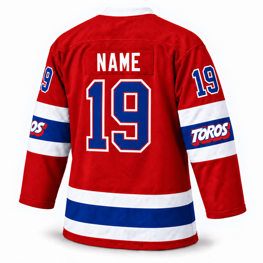 Toronto Toros Remix custom red jersey back mockup, NAME 19 — white TOROS sleeve logos with blue outline and red drop shadow