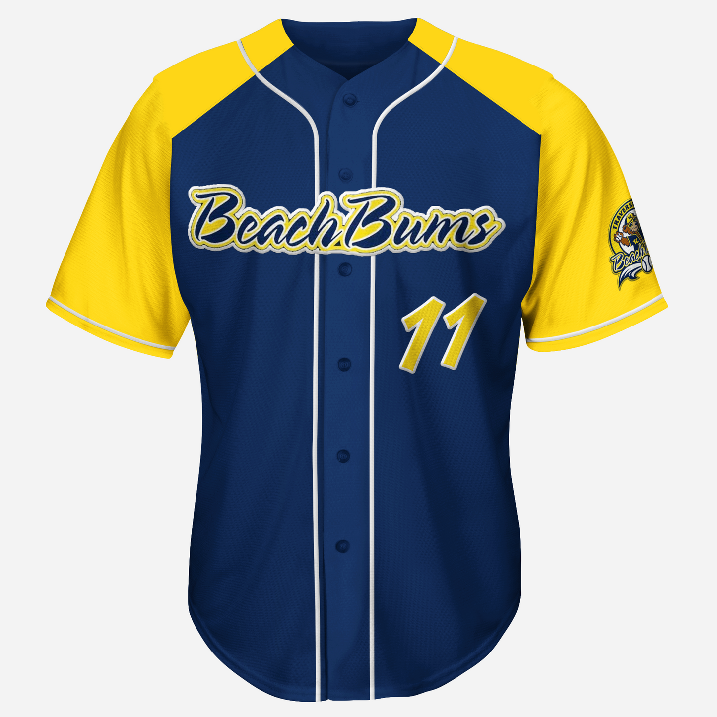 Traverse City Beach Bums Jersey blue with yellow shoulders and white piping. Blue Beach Bums script logo with white and yellow trim. Yellow numbers with white trim Royal Retros