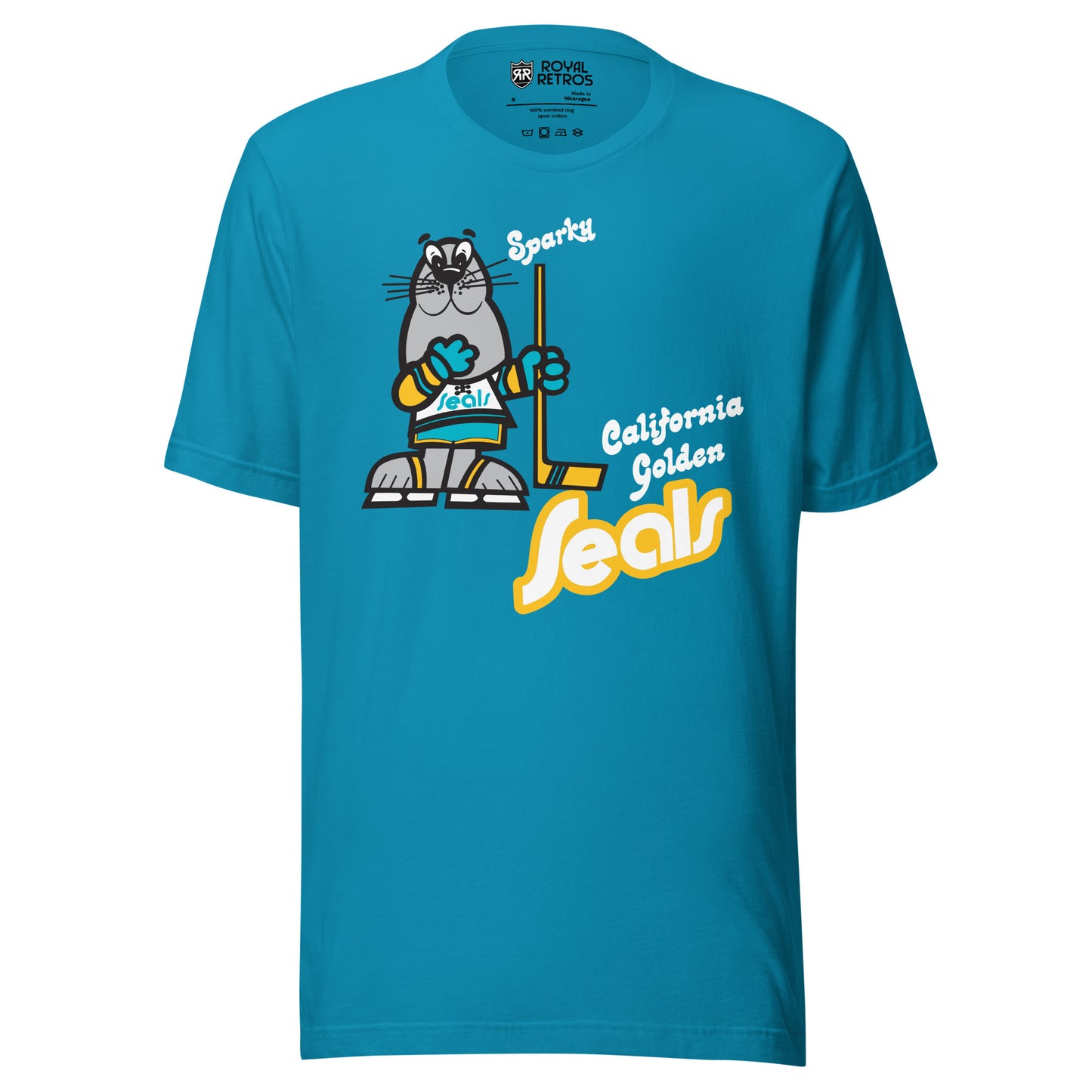 California Golden Seals Sparky T-shirt. Aqua. Gray seal on skates with gold and teal gloves holding a yellow stick. California Golden in teal small to the right of hockey stick blade. Seals below in teal with gold trim lowercase in diablo typeface. Royal Retros