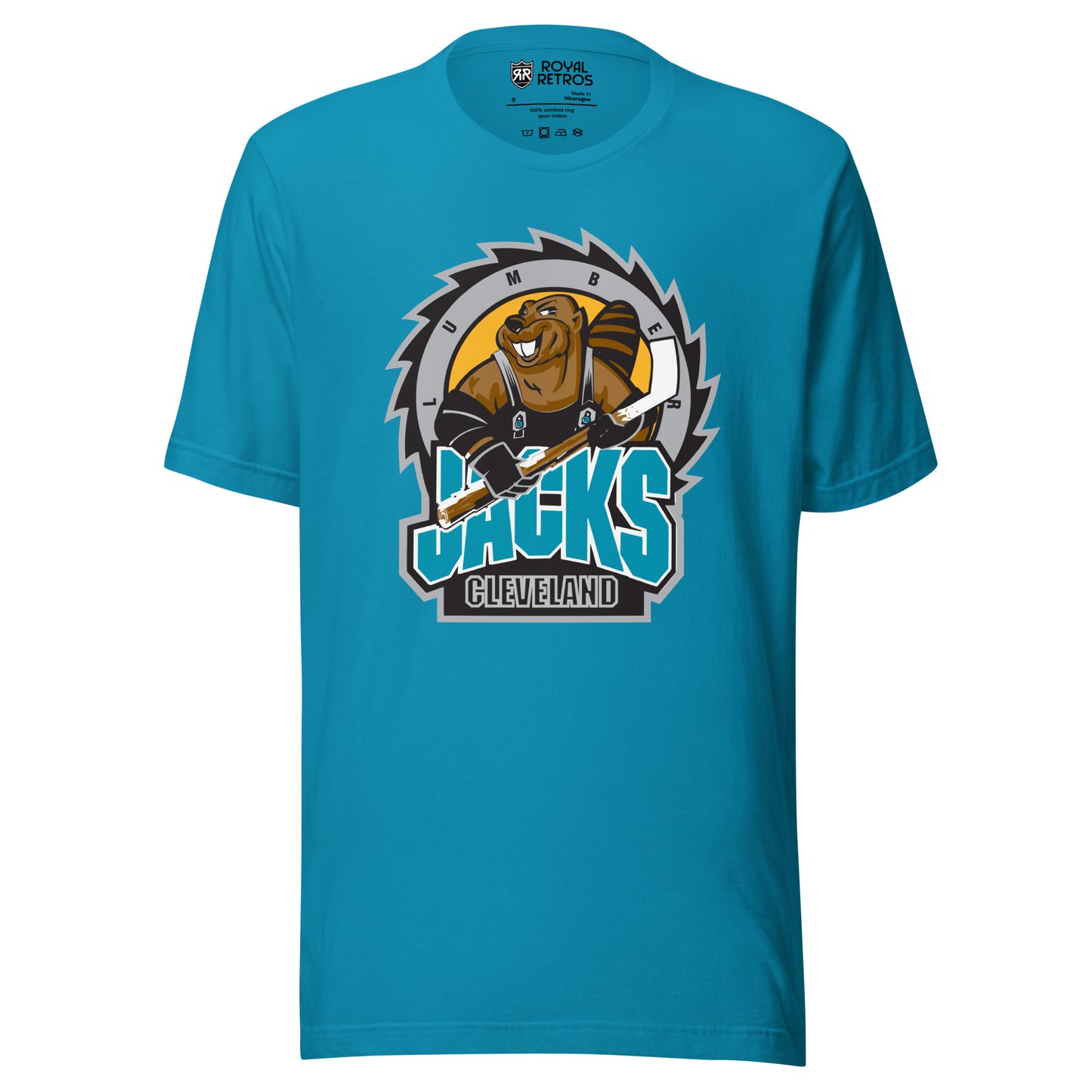 Cleveland Lumberjacks hockey -shirt IHL. Aqua. Buzzsaw blade with black teeth, silver edge, gold background. Cartoon beaver holding hockey stick. JACKS large in teal below. Cleveland in white outline on black background below that. Royal Retros.