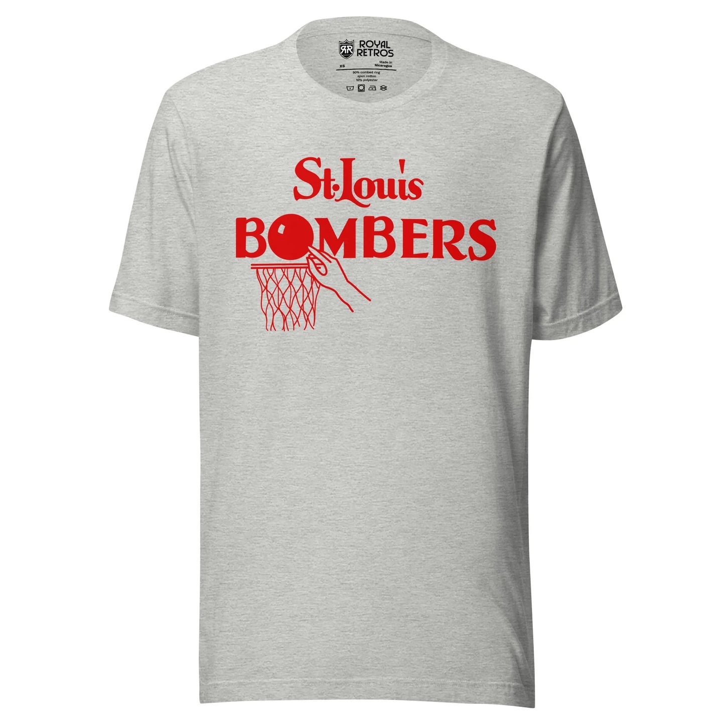 St. Louis Bombers T-shirt heather grey. St. Louis in red above bombers in red. O is a basketball with net below. Royal Retros