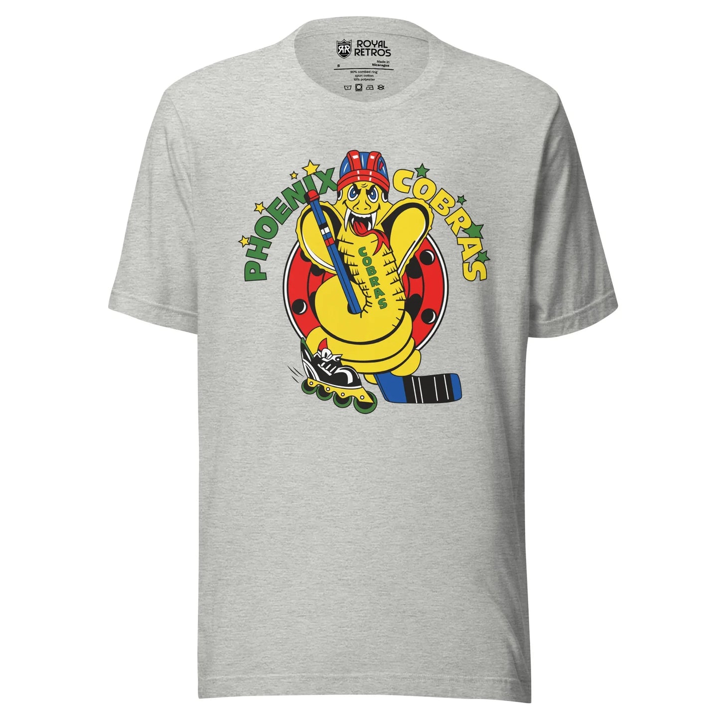Phoenix Cobras roller hockey T-Shirt. Light Gray. Phoenix in green arched on left, yellow Cobras arched on right. Yellow cobra between holding hockey stick and wearing a red and blue helmet and holding a blue hockey stick. Royal Retros
