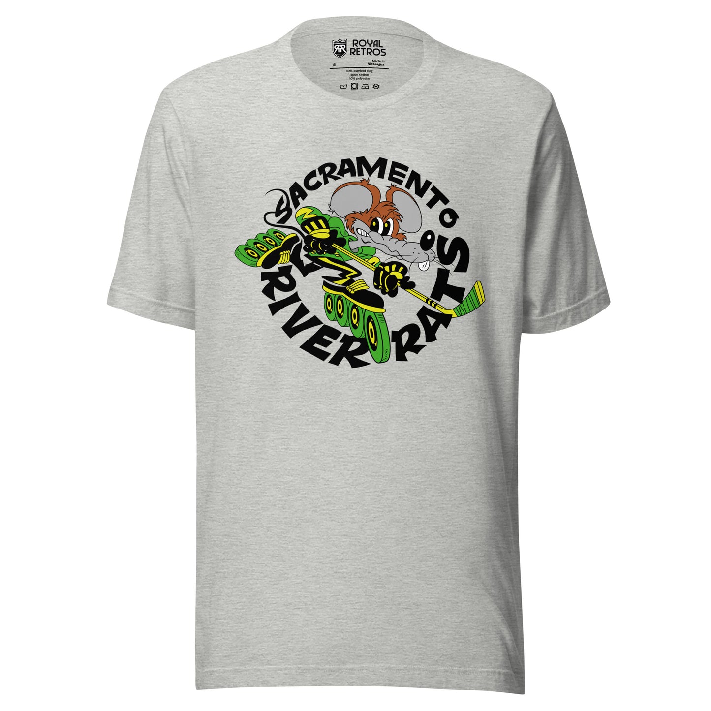 Sacramento River Rates Roller Hockey T-shirt. Light Gray. Sacramento in black arched over rat, incline skating with hockey stick, going to the right. River Rats in black, arched up below. Royal Retros