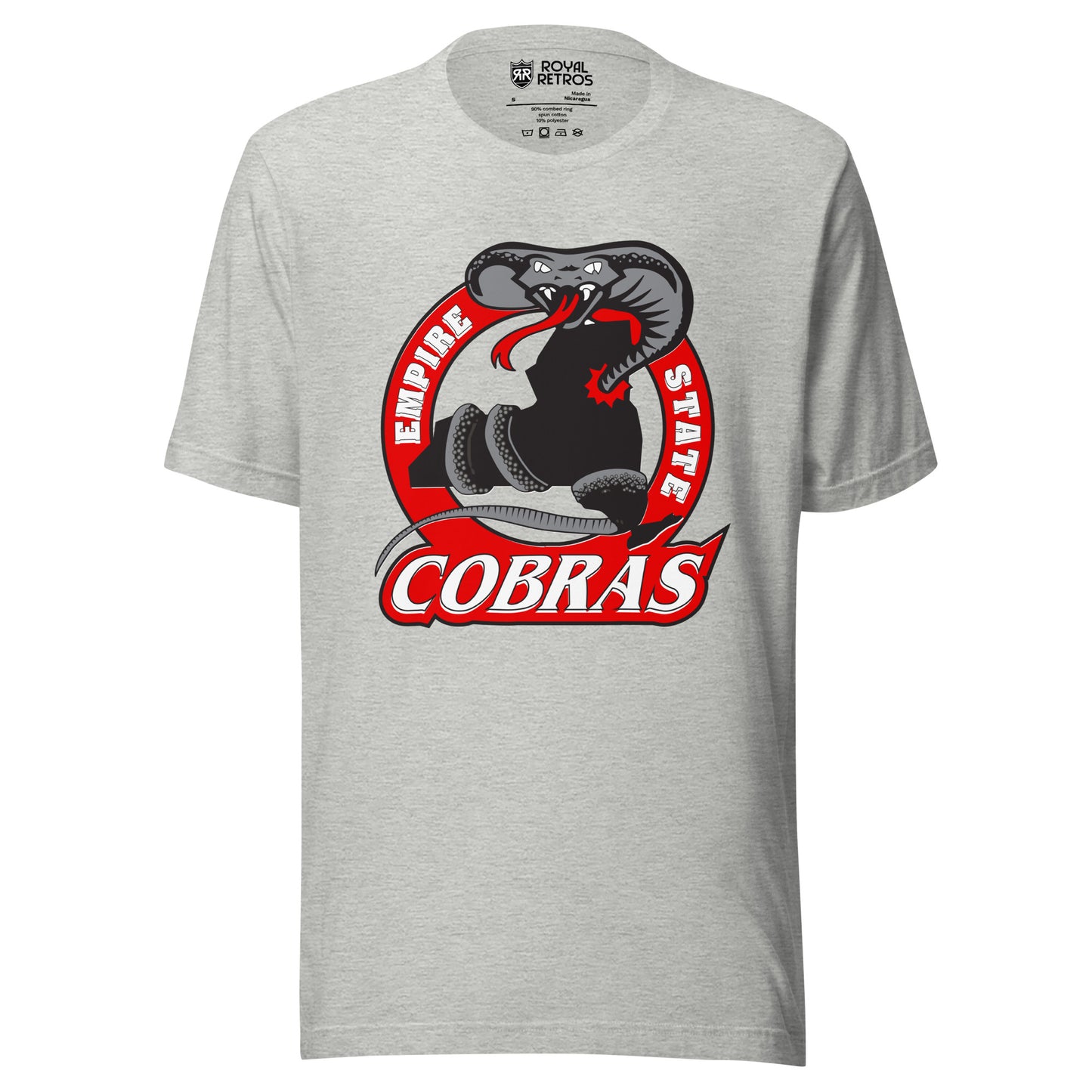 Empire State Cobras Roller Hockey T-Shirt. Light Gray. Red Circle with Empire in white on left, State on right. Cobra wrapped around dark gray outline of New York State. Cobras in white with red outline below. Royal Retros