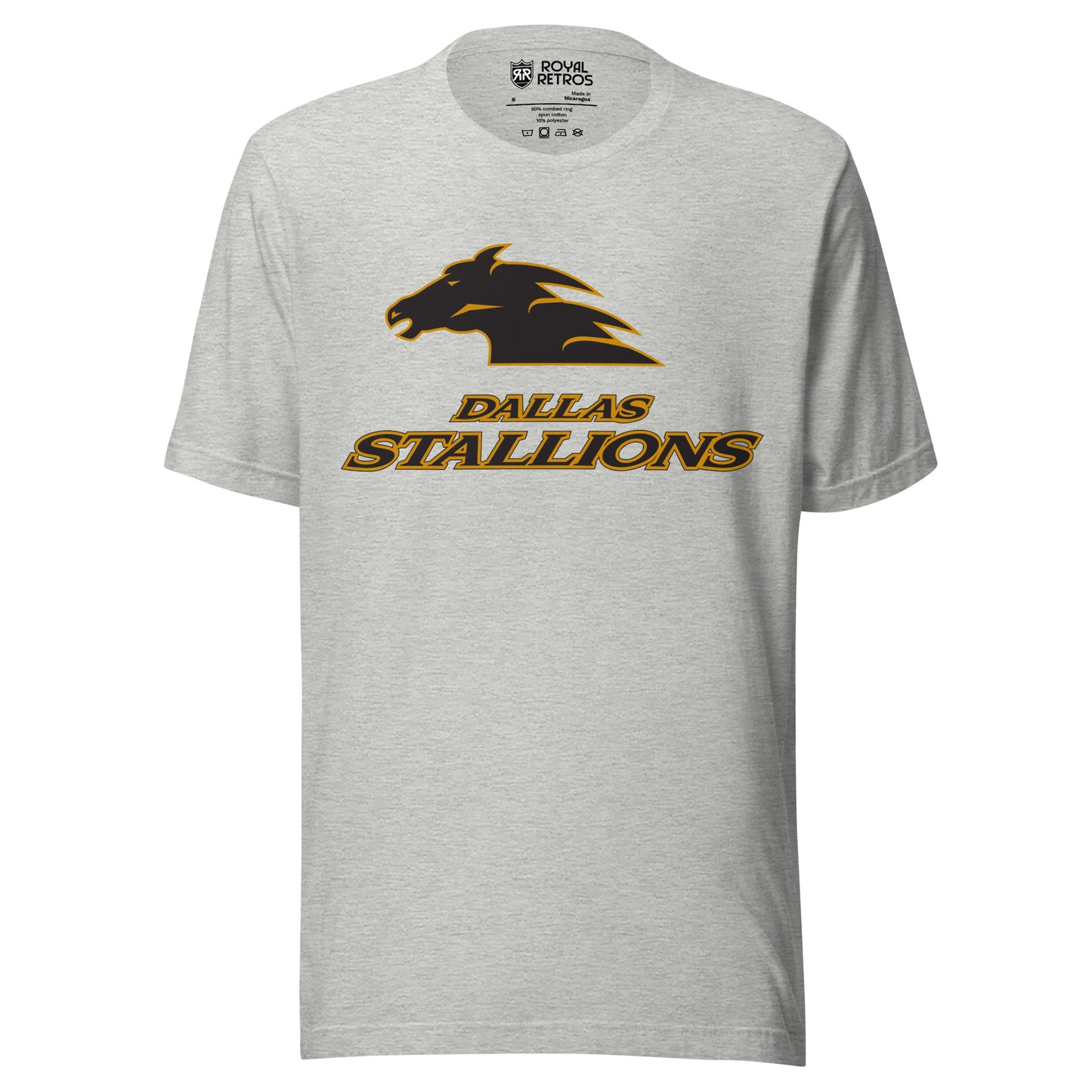 Dallas Stallions roller hockey T-Shirt. Light Gray. Gray horse head facing left with gold trim. Dallas Stallions below in gray with gold trim. Royal Retros