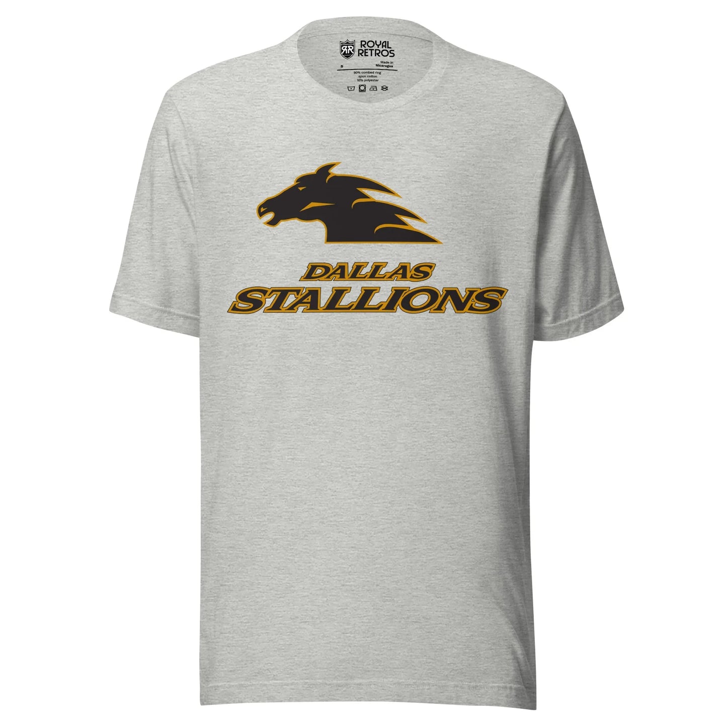 Dallas Stallions roller hockey T-Shirt. Light Gray. Gray horse head facing left with gold trim. Dallas Stallions below in gray with gold trim. Royal Retros
