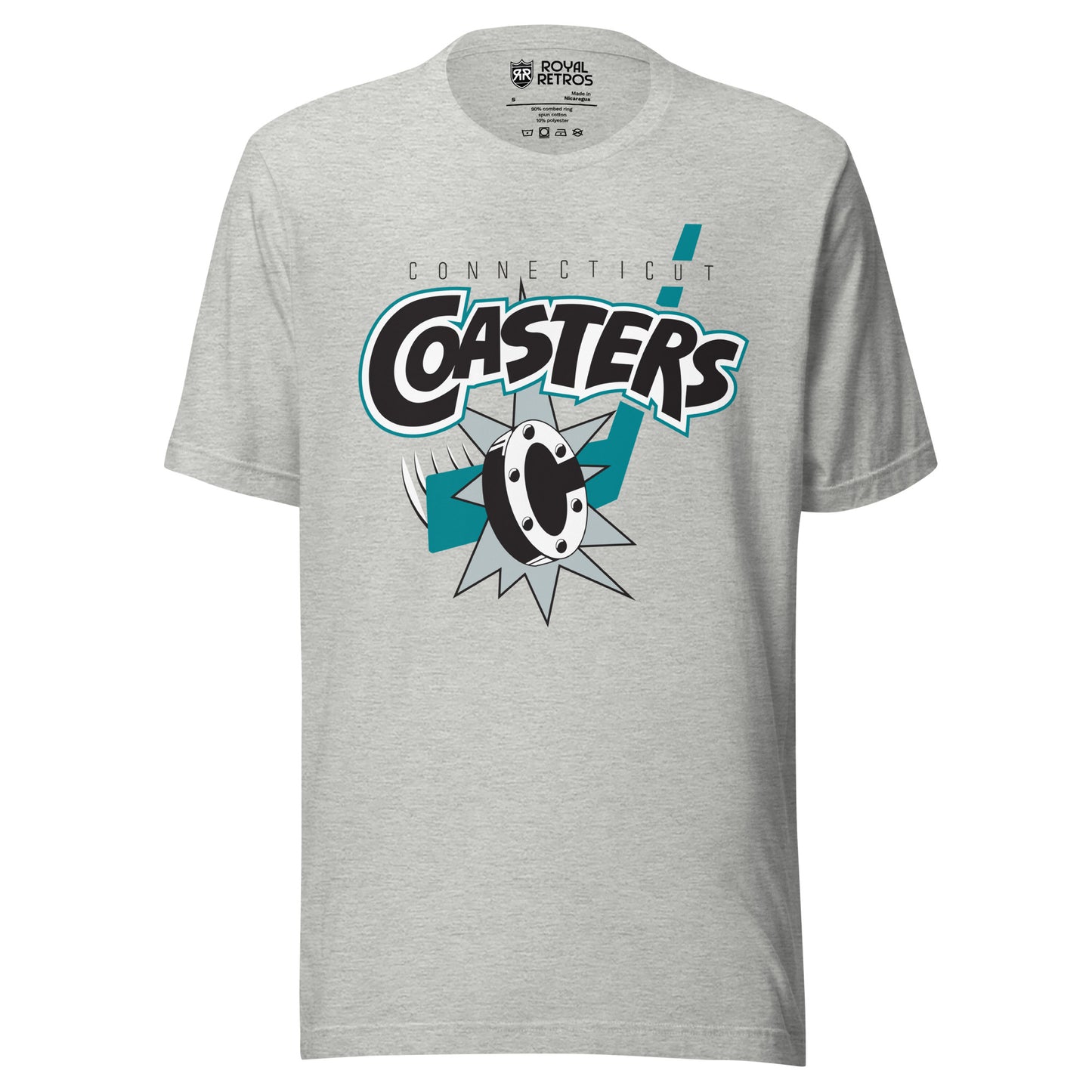 Connecticut Coasters roller hockey T-Shirt. Light Gray. Connecticut in black small above large stylized Coasters in black with white trim. Roller blade wheel below over silver burst. Royal Retros
