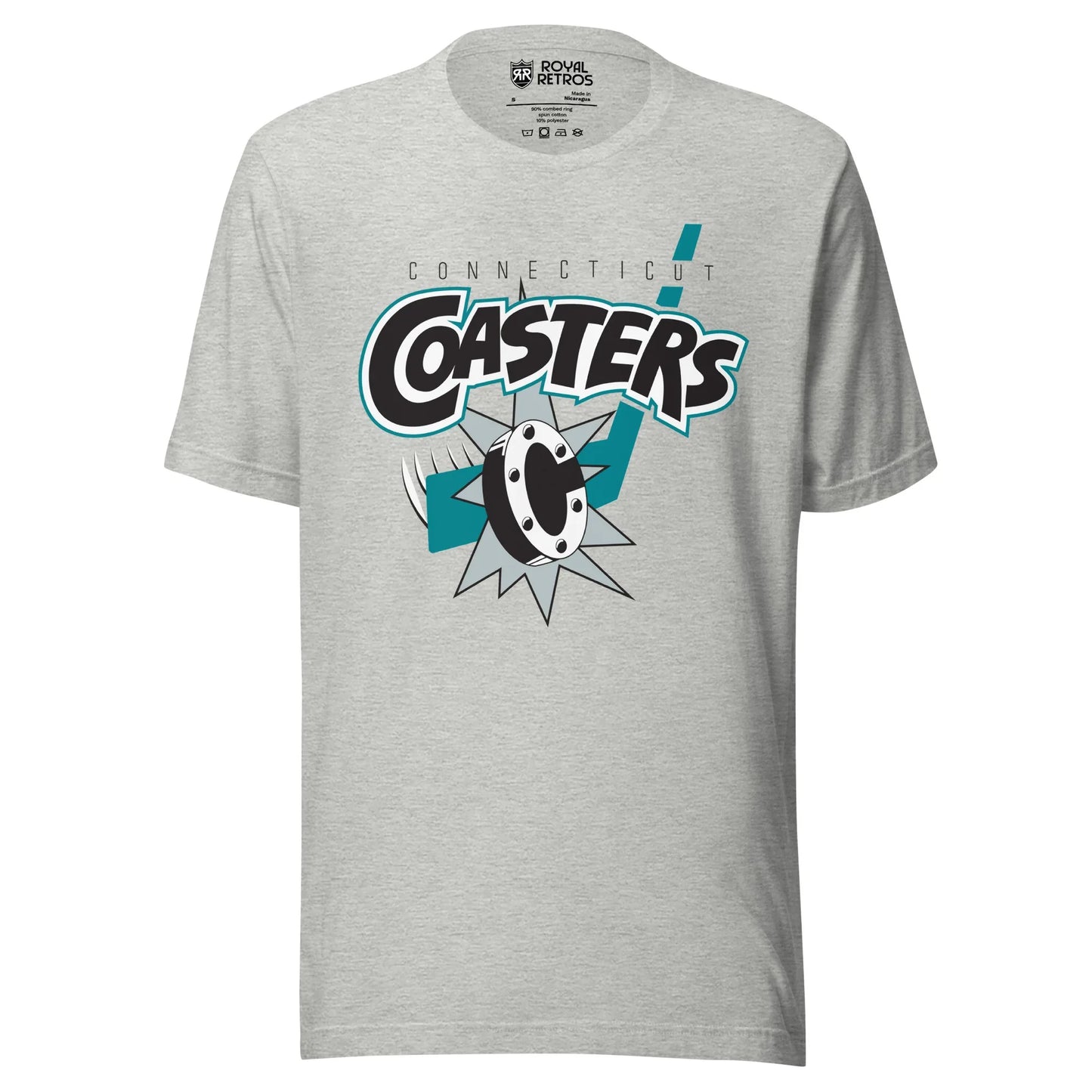 Connecticut Coasters roller hockey T-Shirt. Light Gray. Connecticut in black small above large stylized Coasters in black with white trim. Roller blade wheel below over silver burst. Royal Retros
