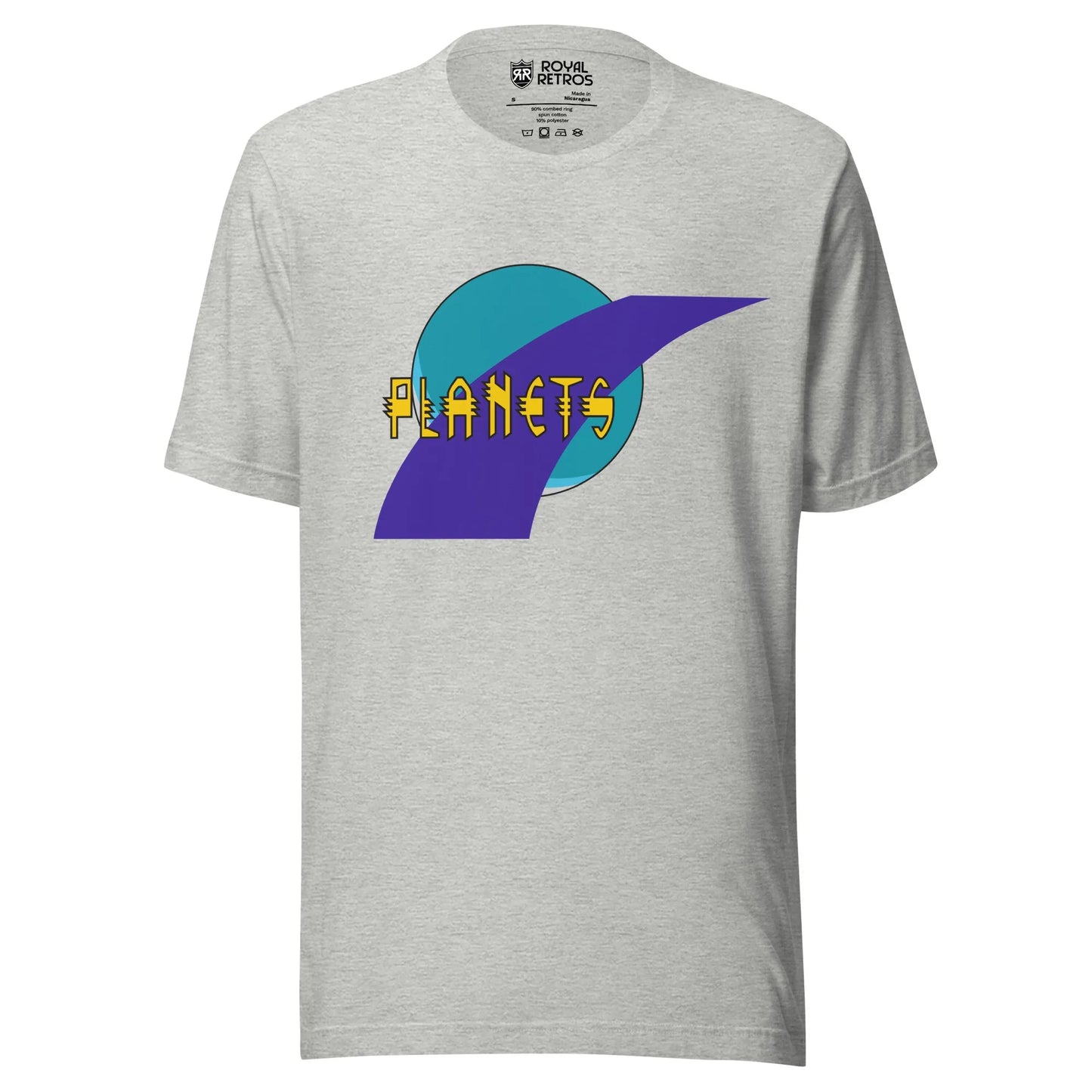 Toronto Planets roller hockey T-Shirt. Light gray. Blue planet with purple swoosh on top. Planets in yellow over logo. Royal Retros