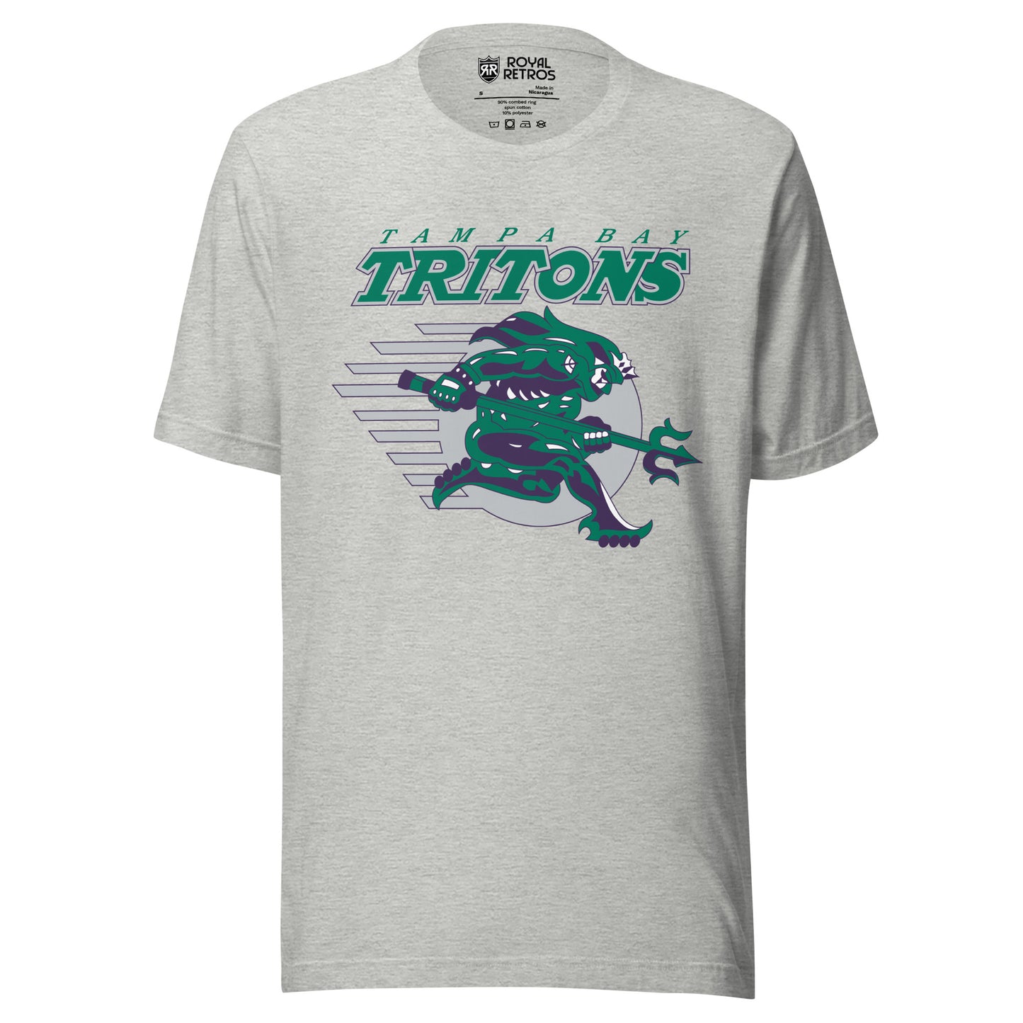 Tampa Bay Tritons roller hockey T-Shirt. Light Gray. Tampa Bay in green above Tritons large in green with white outline. Purple and green sea monster over silver ball with streak marks. Monster is holding triton. Royal Retros.