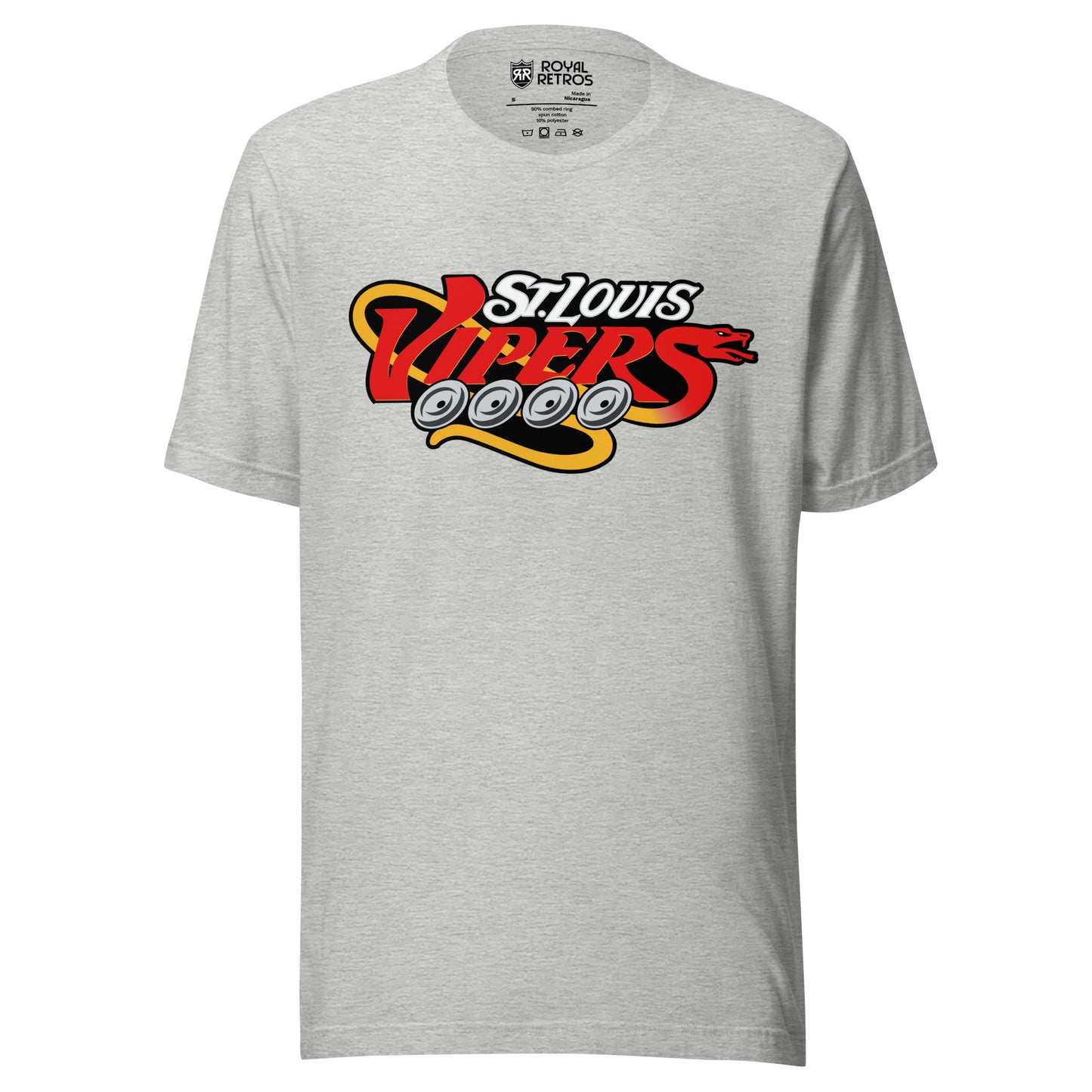 St. Louis Vipers roller hockey T-Shirt. Light Gray. St. Louis in silver. Vipers, larger, below in red with four silver wheels underneath. Gold tail snaking off end of S in Vipers and curling around V. Royal Retros