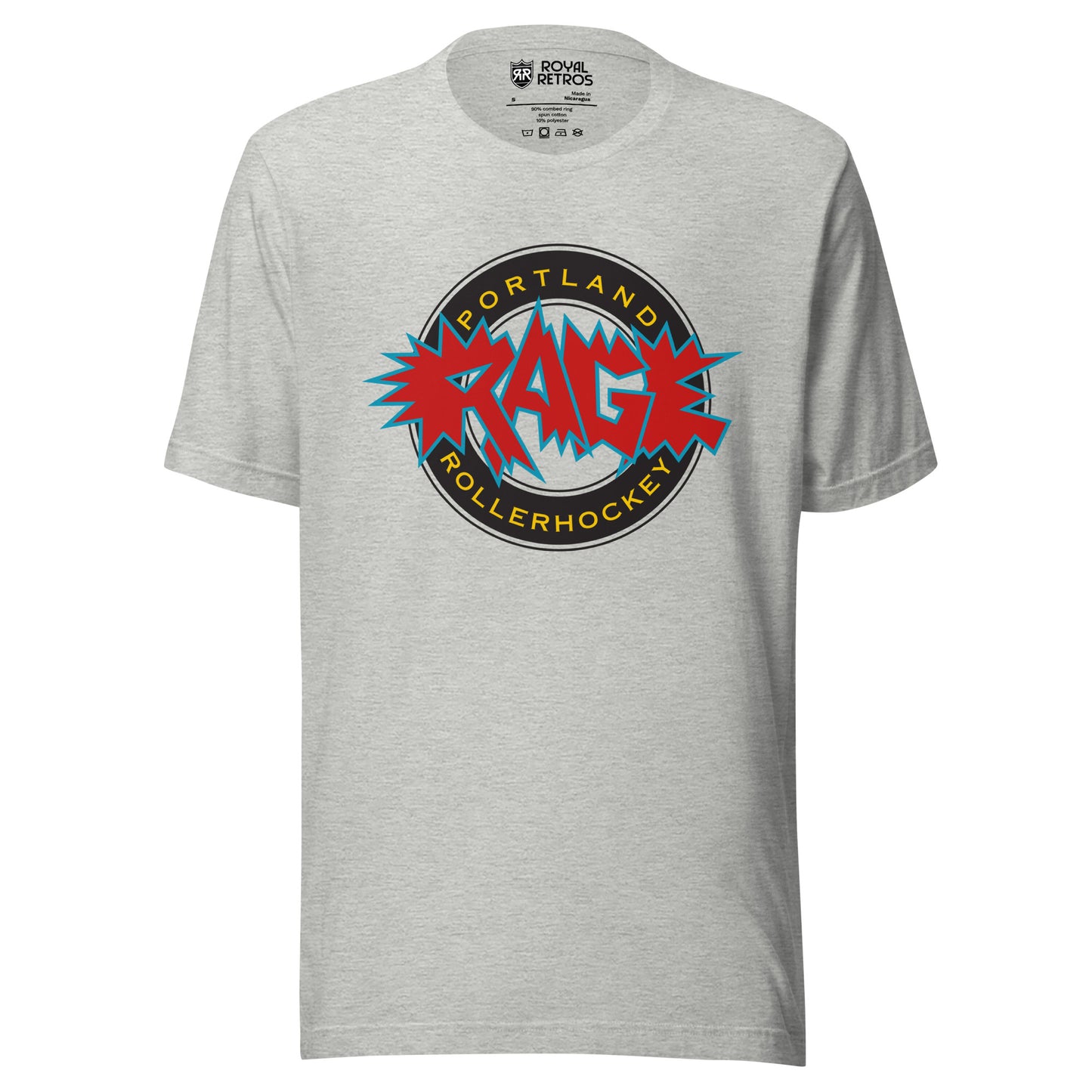 Portland Rage roller hockey T-Shirt light gray. Black circle, light gray inside. Portland in gold in top of circle, Rollerhockey below. Rage in red outlined in blue with bursts over circle. Royal Retros