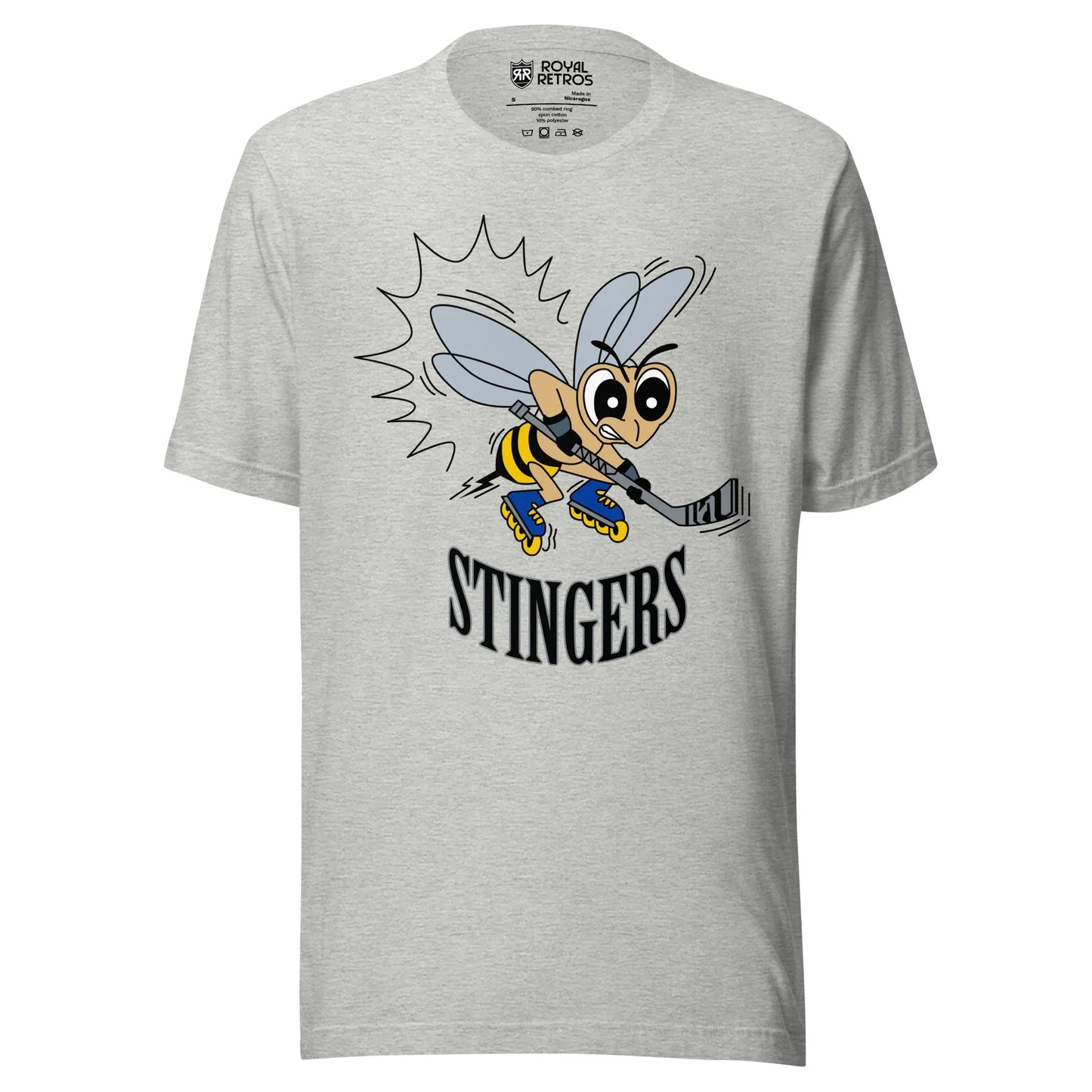 New England Stingers roller hockey T-Shirt. Gray. Frowning cartoon bee with hockey stick. Stingers in black, curved upward, below bee. Royal Retros