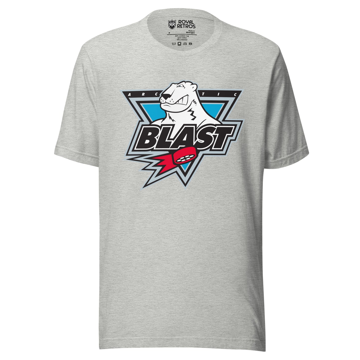 Minnesota Artic Blast roller hockey T-Shirt. Light Gray. Upside down triangle with polar bear head sticking out. ARC and TIC on either side of head. Blast large in black with white trim below across bottom of triangle. Red puck with streaks below that. Royal Retros