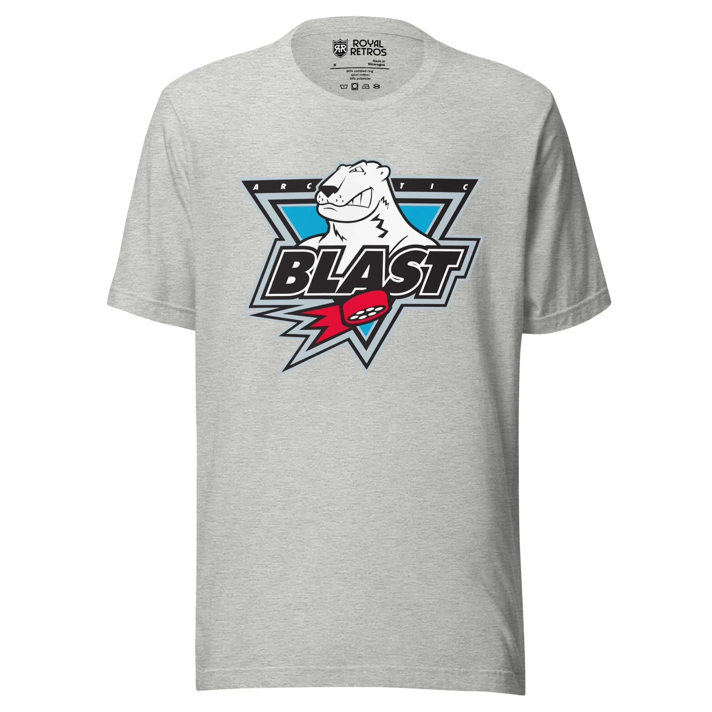 Minnesota Artic Blast roller hockey T-Shirt. Light Gray. Upside down triangle with polar bear head sticking out. ARC and TIC on either side of head. Blast large in black with white trim below across bottom of triangle. Red puck with streaks below that. Royal Retros