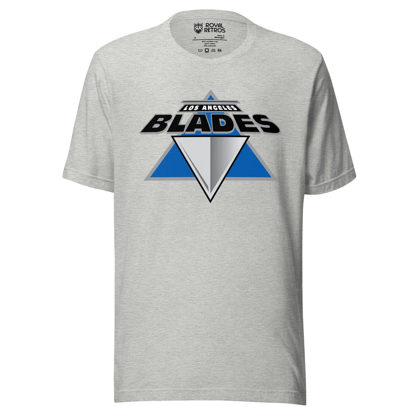 Los Angeles Blades roller hockey T-Shirt. Light Gray. Blue triangle, with silver triangle in middle pointing down. Los Angeles in white, small above larger Blades in black. Royal Retros