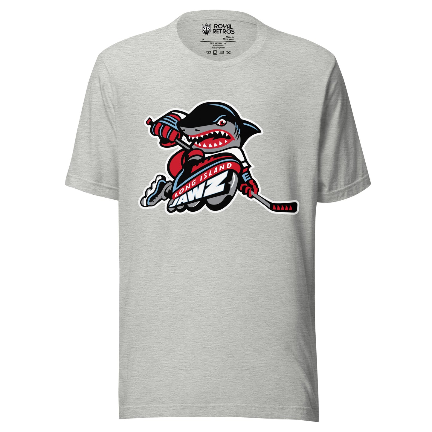 Long Island Jawz roller hockey T-Shirt. Heather Gray. Menacing cartoon shark rollerblading with hockey stick. Long Island in white on red banner below, with Jawz in white, larger, below that. Royal Retros