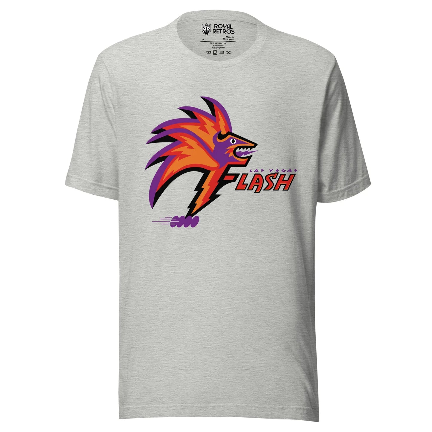 Las Vegas T-shirt heather heather grey. Stylized bird head in profile. Purple face with red, orange, and purple feathers. Las Vegas in purple small over Flash in orange to right of bird head. Royal Retros