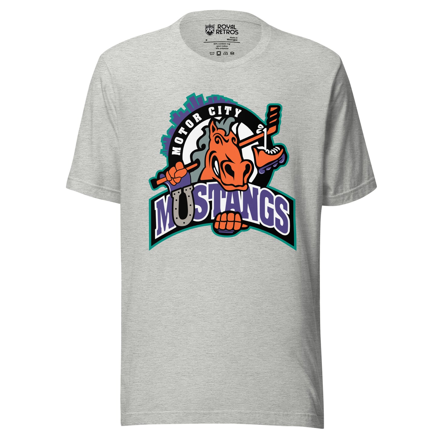 Detroit Motor City Mustangs. Light Gray. Cartoon horse, head only, holding hockey stick behind its head. Motor City curved upper left, Mustangs in purple white outline with gray horseshoe for the "U" Royal Retros