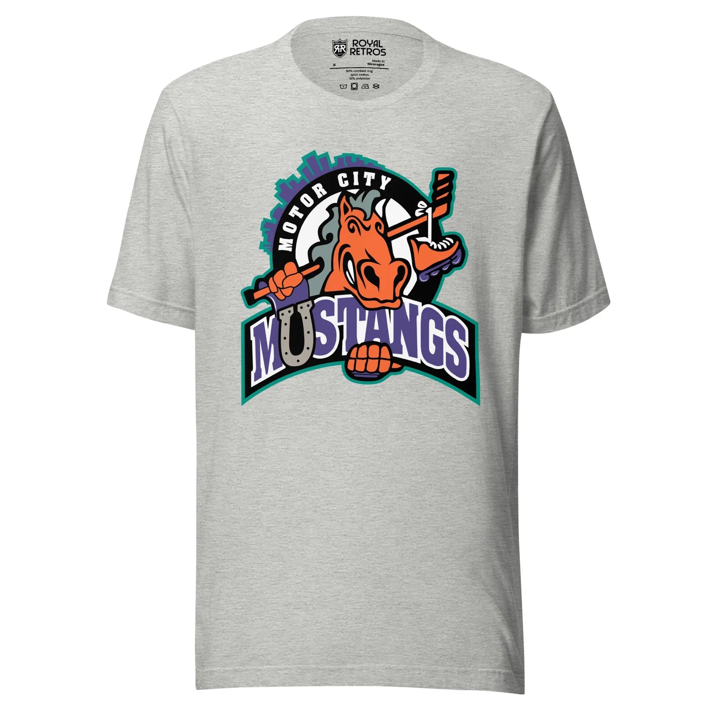 Detroit Motor City Mustangs. Light Gray. Cartoon horse, head only, holding hockey stick behind its head. Motor City curved upper left, Mustangs in purple white outline with gray horseshoe for the "U" Royal Retros