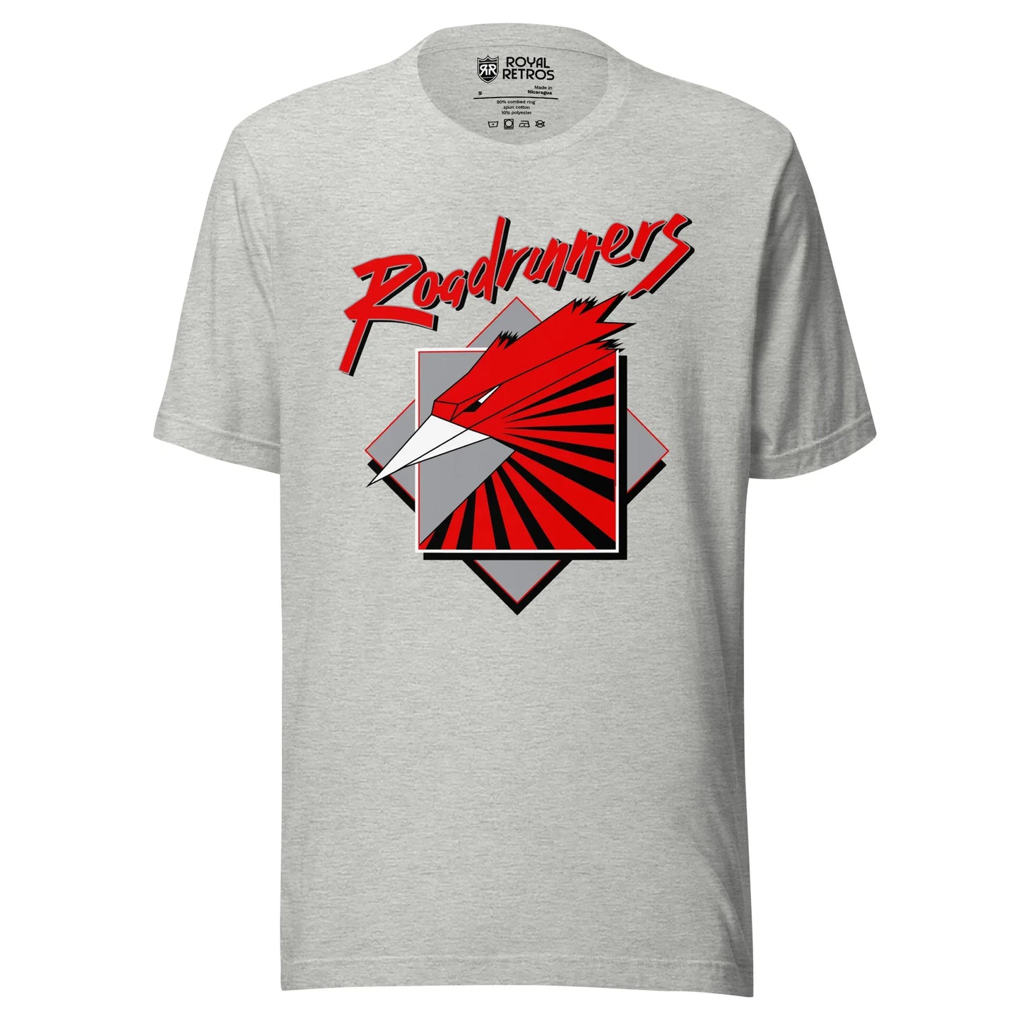 Montreal Roadrunners roller hockey T-shirt. Light Gray. Stylized roadrunner head facing left. Silver beak, red and black feathers in gray square over gray diamond. Stylized Roadrunners across top in red at an angle. Royal Retros