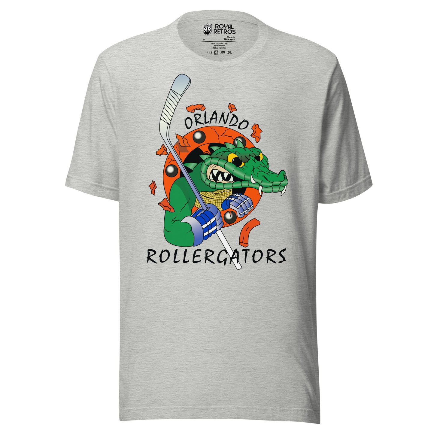Orlando Rollergators roller hockey T-shirt. Light Gray. Menacing gator head over red circle. Gator is holding a hockey stick. Royal Retros