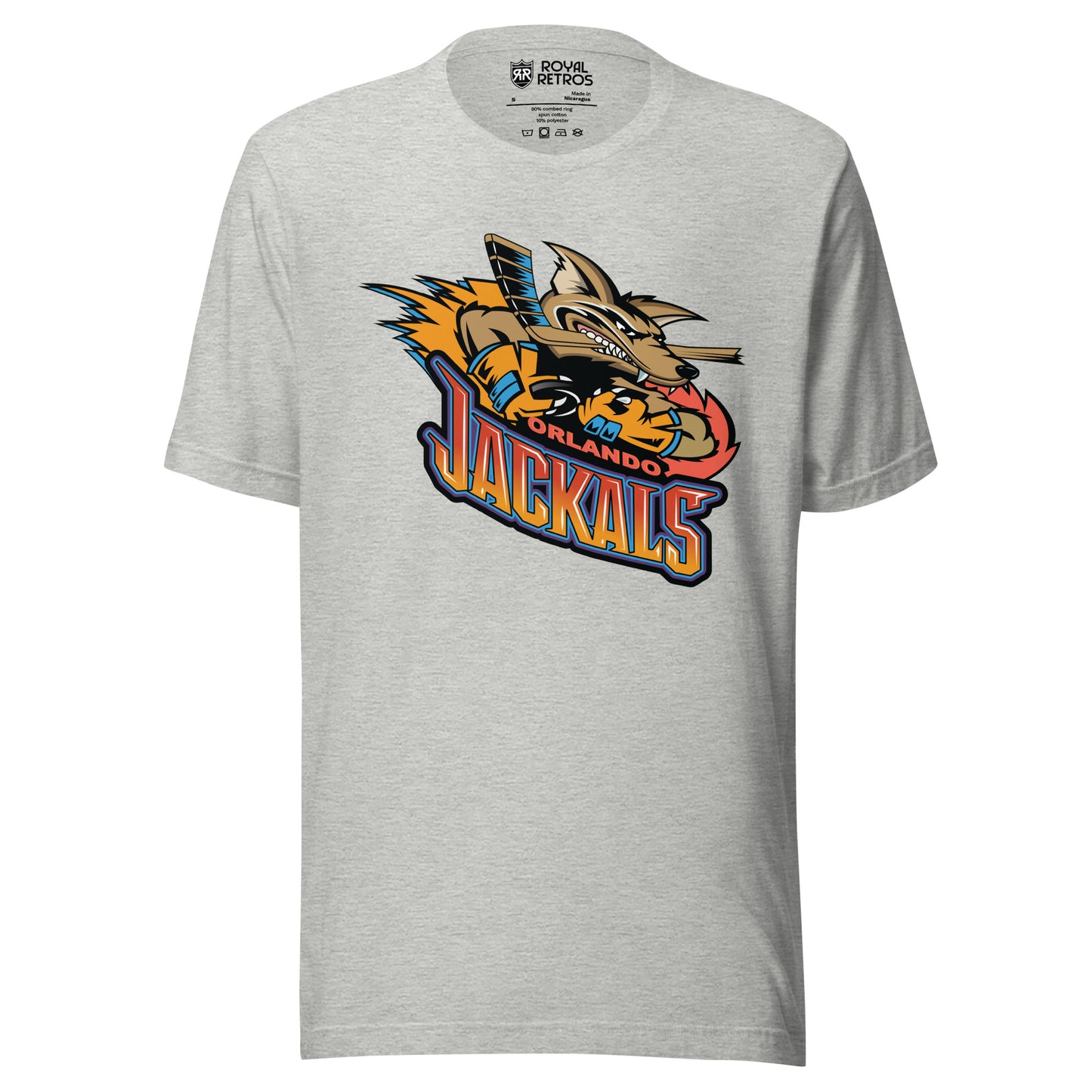 Orlando Jackals roller hockey T-shirt. Light Gray. Jackal holding hockey stick, with flames to the left. Orlando in red small just under jackal, JACKALS in red on top orange on bottom below. Royal Retros