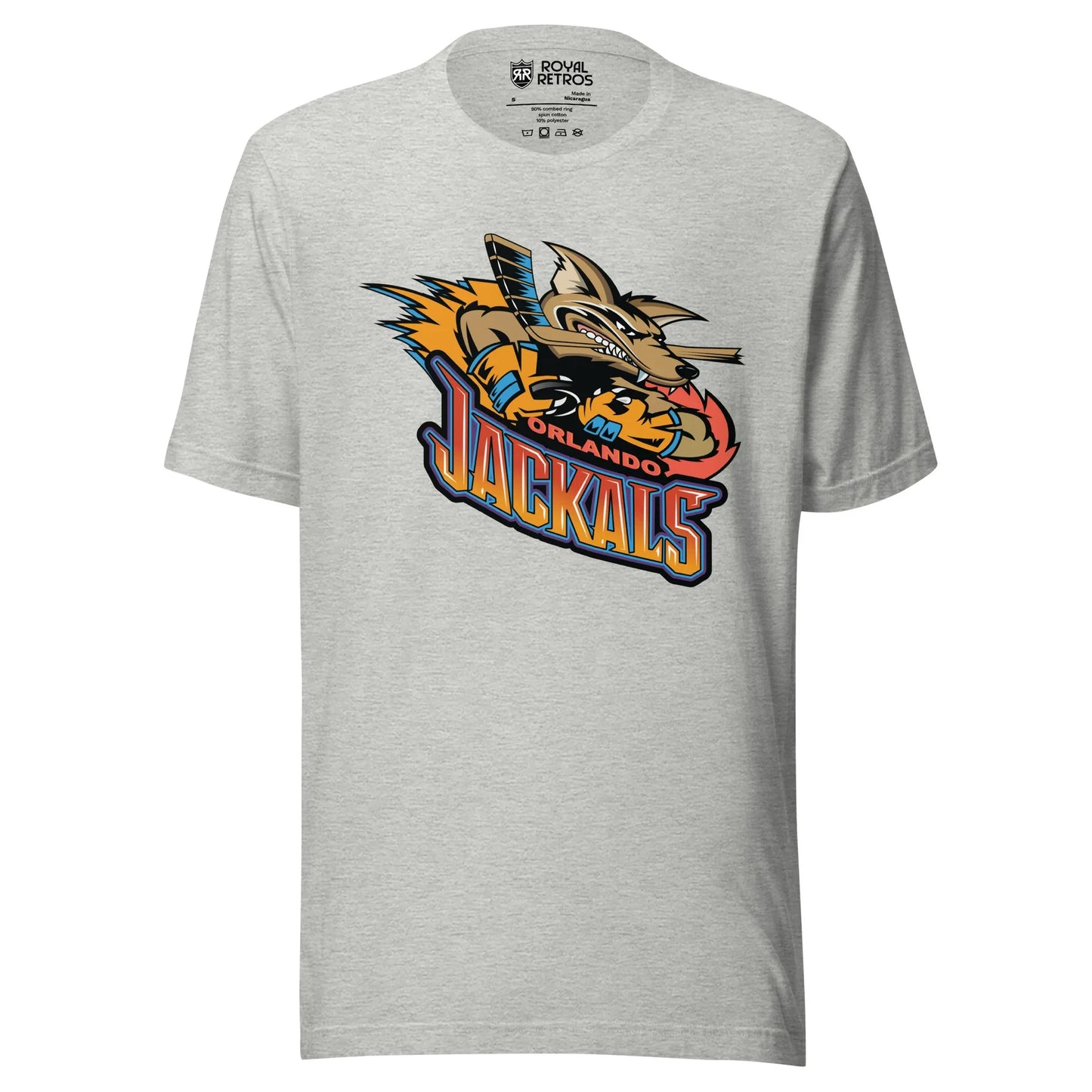 Orlando Jackals roller hockey T-shirt. Light Gray. Jackal holding hockey stick, with flames to the left. Orlando in red small just under jackal, JACKALS in red on top orange on bottom below. Royal Retros