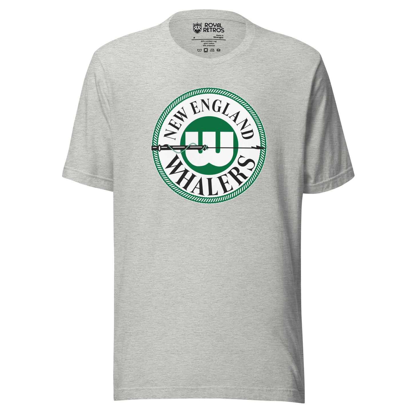 New England Whalers WHA T-shirt. Light Gray. Circular logo with green outline. New England above in circle, Whalers below. W on green background in center of circle with black harpoon across. Royal Retros