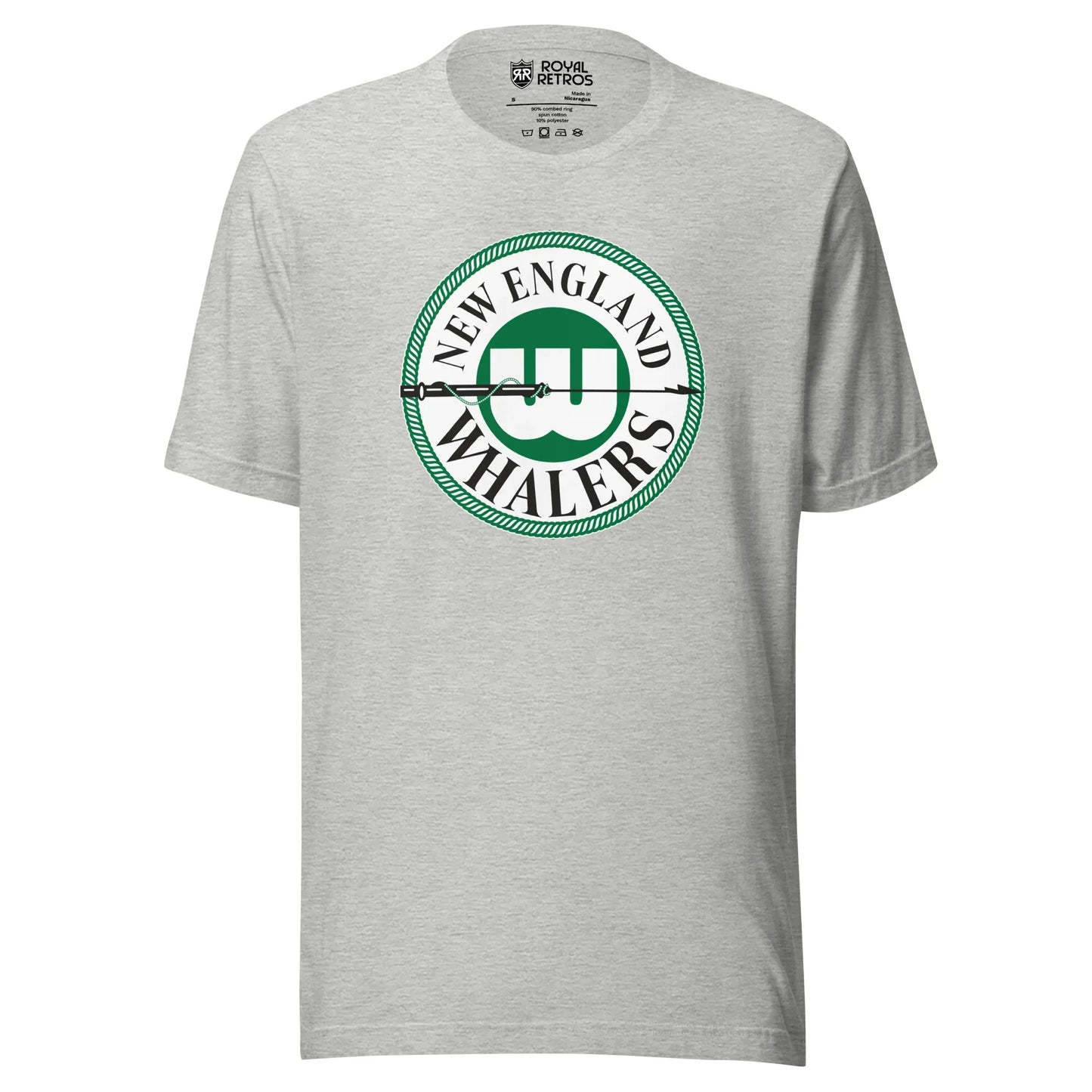 New England Whalers WHA T-shirt. Light Gray. Circular logo with green outline. New England above in circle, Whalers below. W on green background in center of circle with black harpoon across. Royal Retros