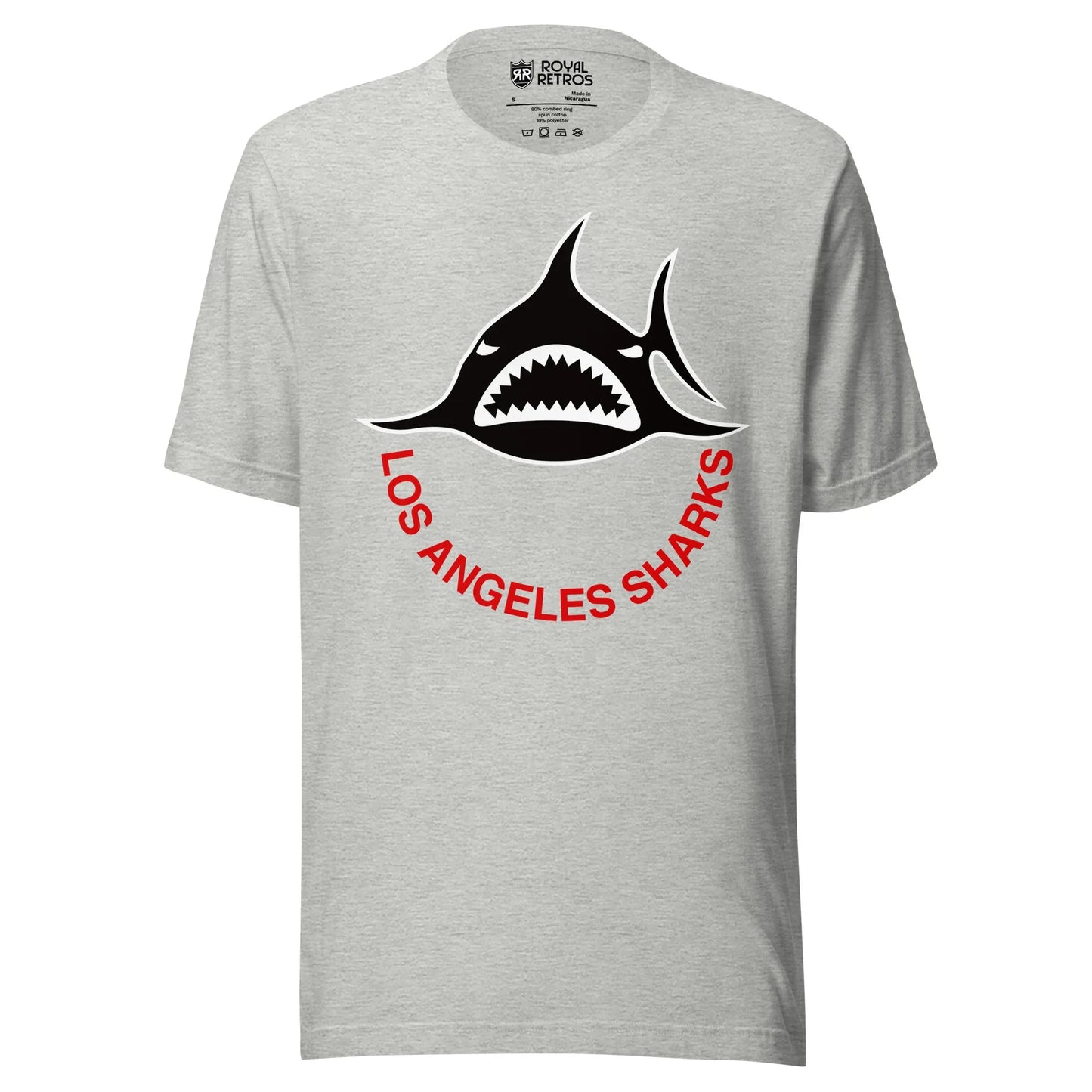 Los Angeles Sharks. WHA T-shirt. Light Gray. Black shark, straight on, with white teeth. Los Angeles Sharks curved below in red. Royal Retros