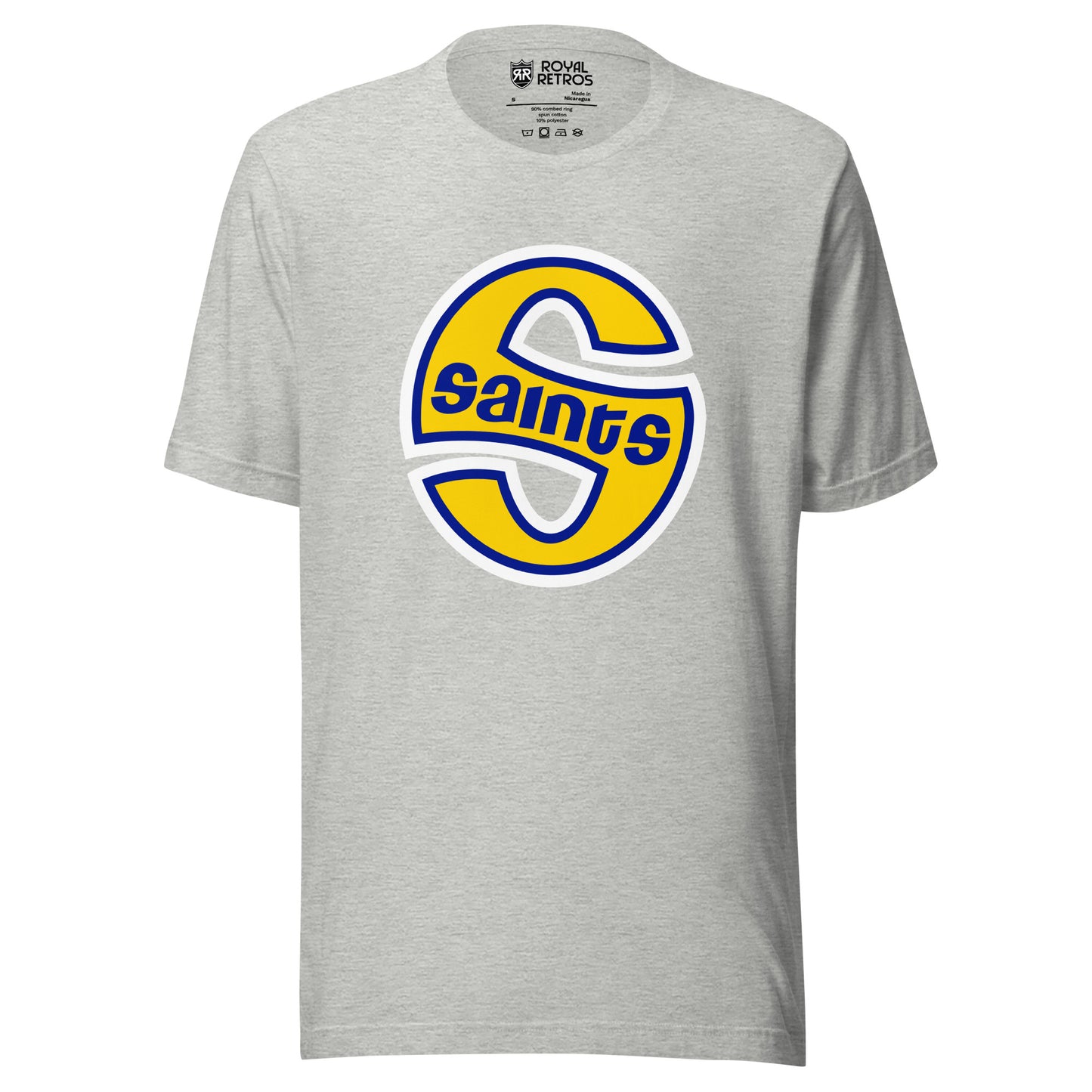 Minnesota Fighting Saints S logo T-shirt. Light Gray. Stylized gold S with white trim in the shape of an oval. SAINTS in blue across middle of S. Royal Retros