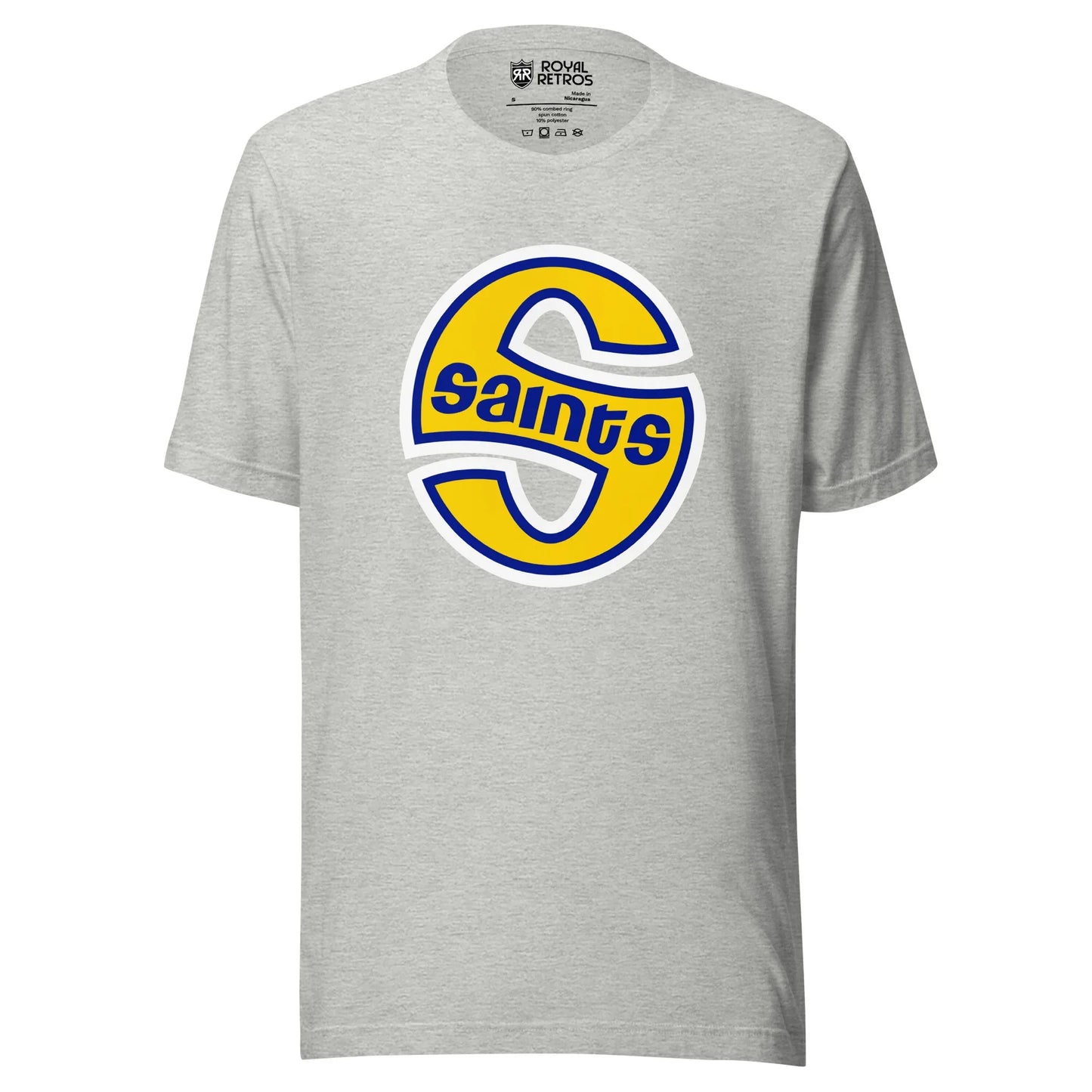 Minnesota Fighting Saints S logo T-shirt. Light Gray. Stylized gold S with white trim in the shape of an oval. SAINTS in blue across middle of S. Royal Retros