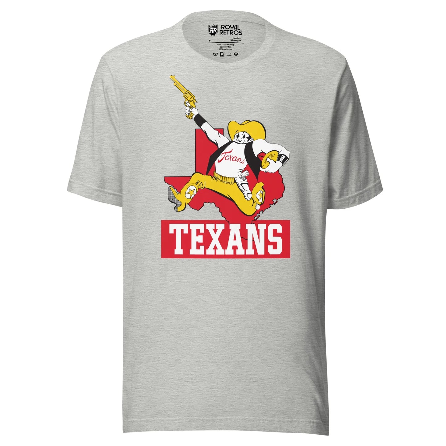 Dallas Texans AFL T-shirt. Light Gray. Cartoon cowboy in gold hat, white shirt, gold pants and boots, running with revolver in right hand football under left arm. Red outline of Texas behind. Texans in white on red rectangle. Royal Retros.