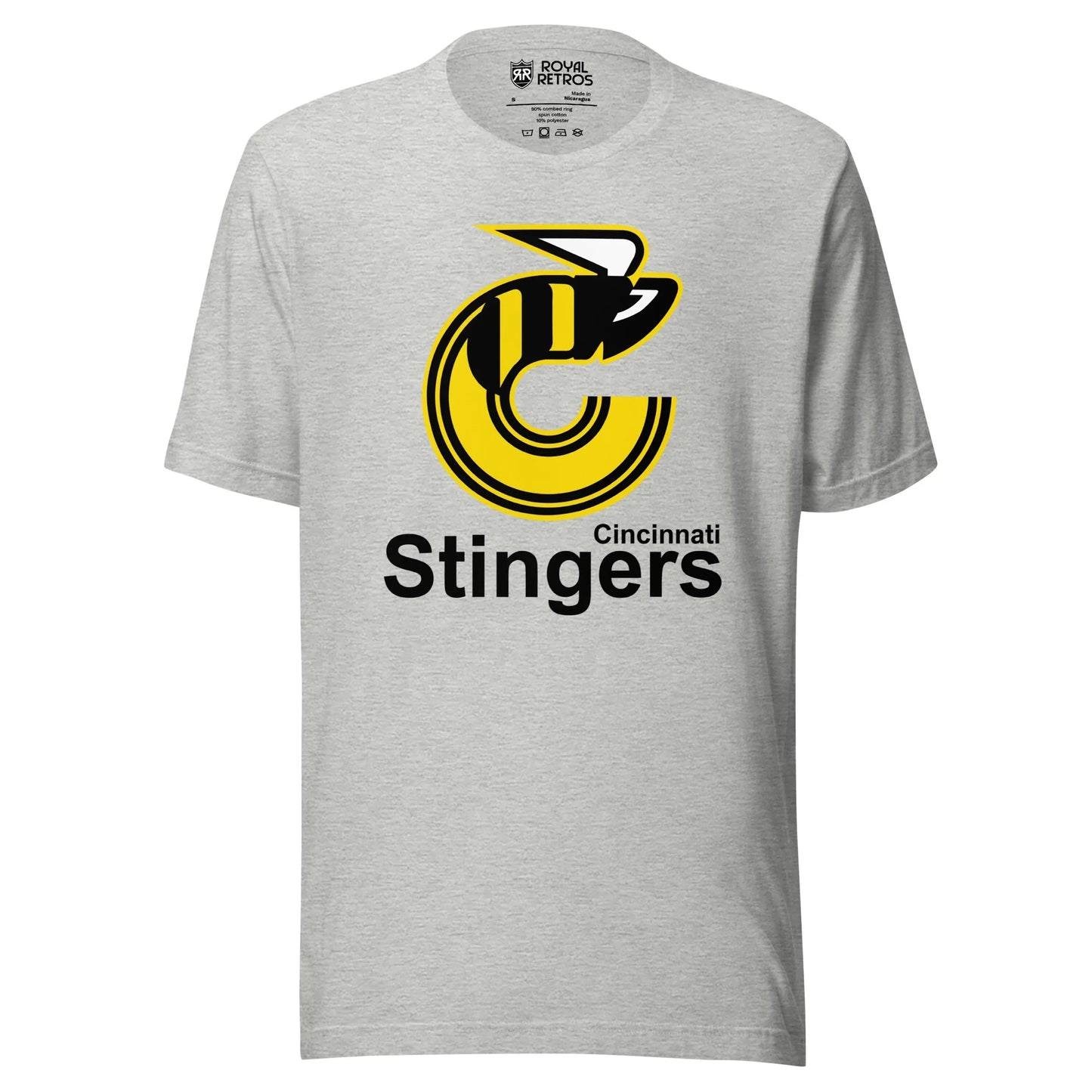 Cincinnati Stingers Black T-shirt . Gray. Logo consists of the depiction of a bee in the shape of the letter "C". To the right and below the bee depiction is the literal element "CINCINNATI". The literal element "STINGERS" appears below "CINCINNATI". Royal Retros