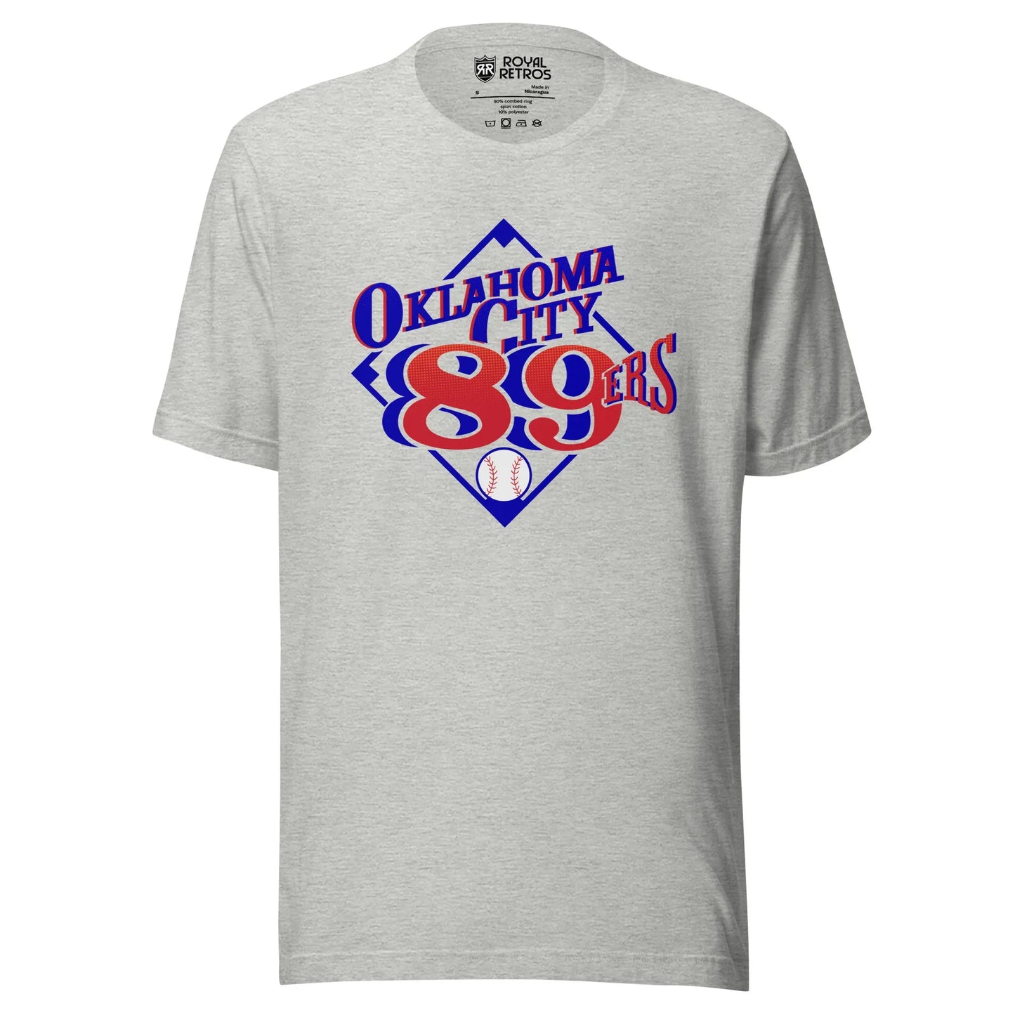 Oklahoma 89ers T-Shirt Gray. Blue baseball diamond with Oklahoma across, above 3rd base, below 2nd base. 89ers on bottom half of diamond with a baseball below. Royal Retros