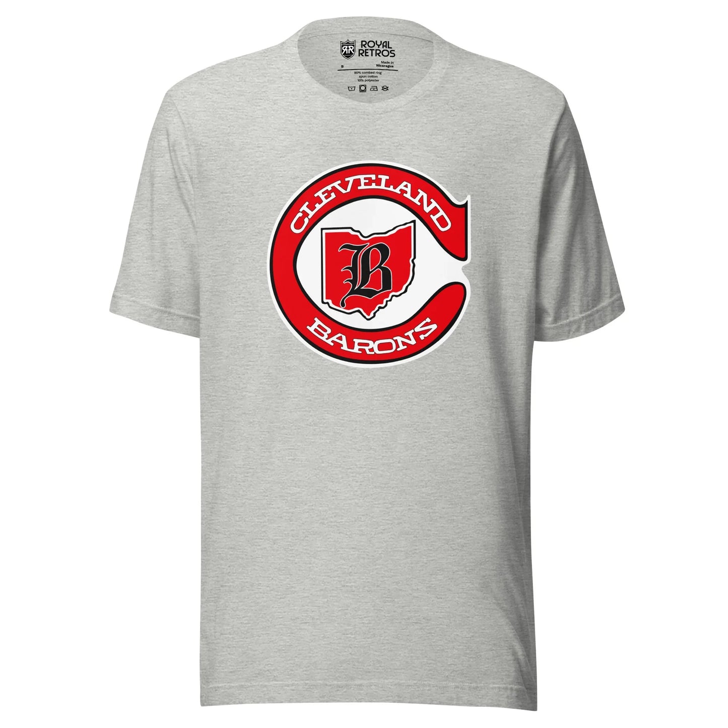 Cleveland Barons 1976 hockey T-shirt. Gray. Red C with Cleveland in white inside top of C, Barons in white in lower part of C. Inside C is Ohio background in red with B in old English typeface overtop. White background inside. Royal Retros