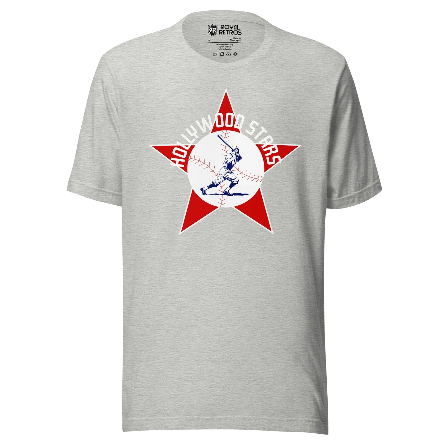 Hollywood Stars T-shirt. Gray. Red star with white trim. White circle over center. Baseball later swinging and running inside in blue detail. Hollywood Stars arched in white across top of circle. Royal Retros