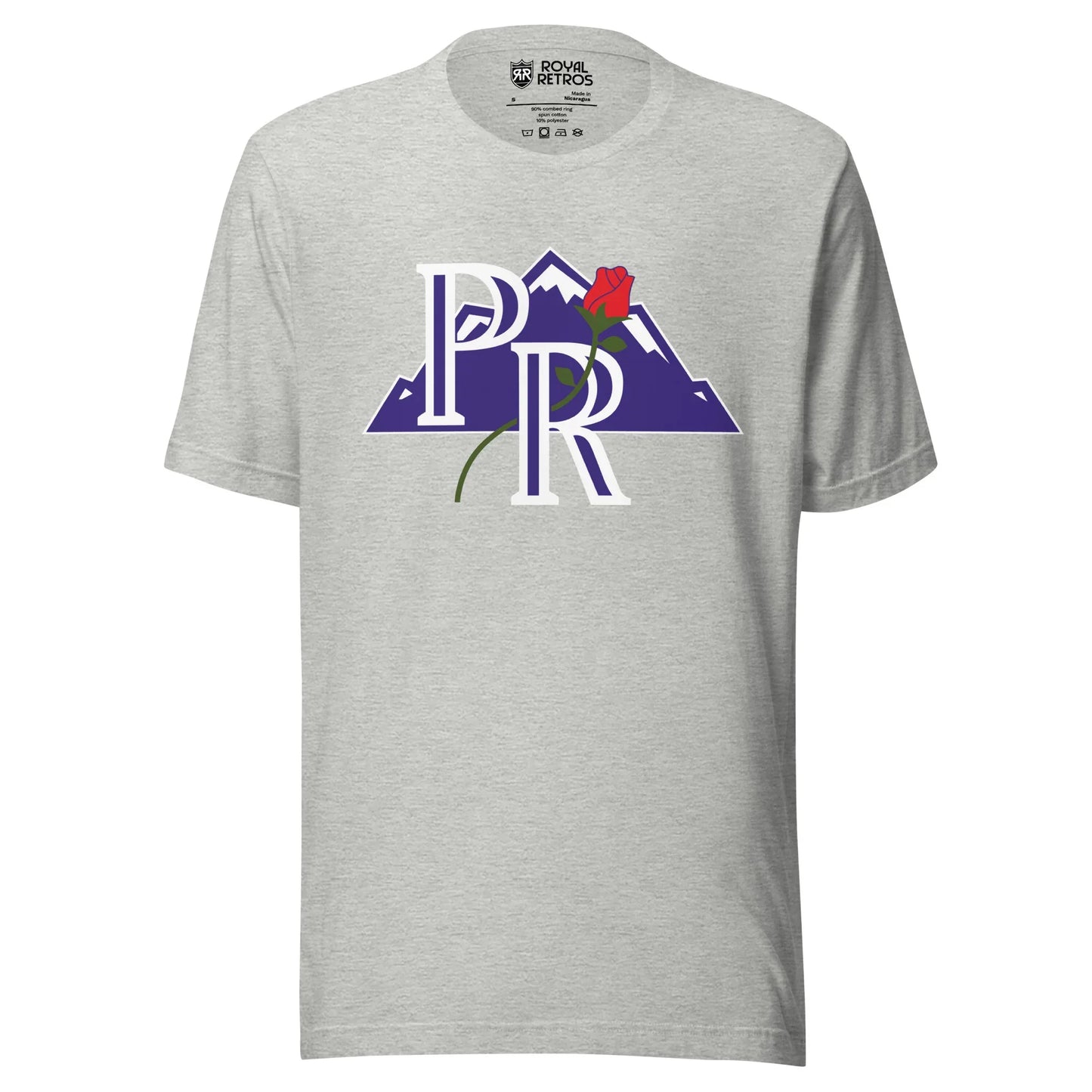 Portland Rockies baseball T-shirt gray. Purple PR outlined in white over purple mountain with white caps/ Rose going through top of Royal Retros